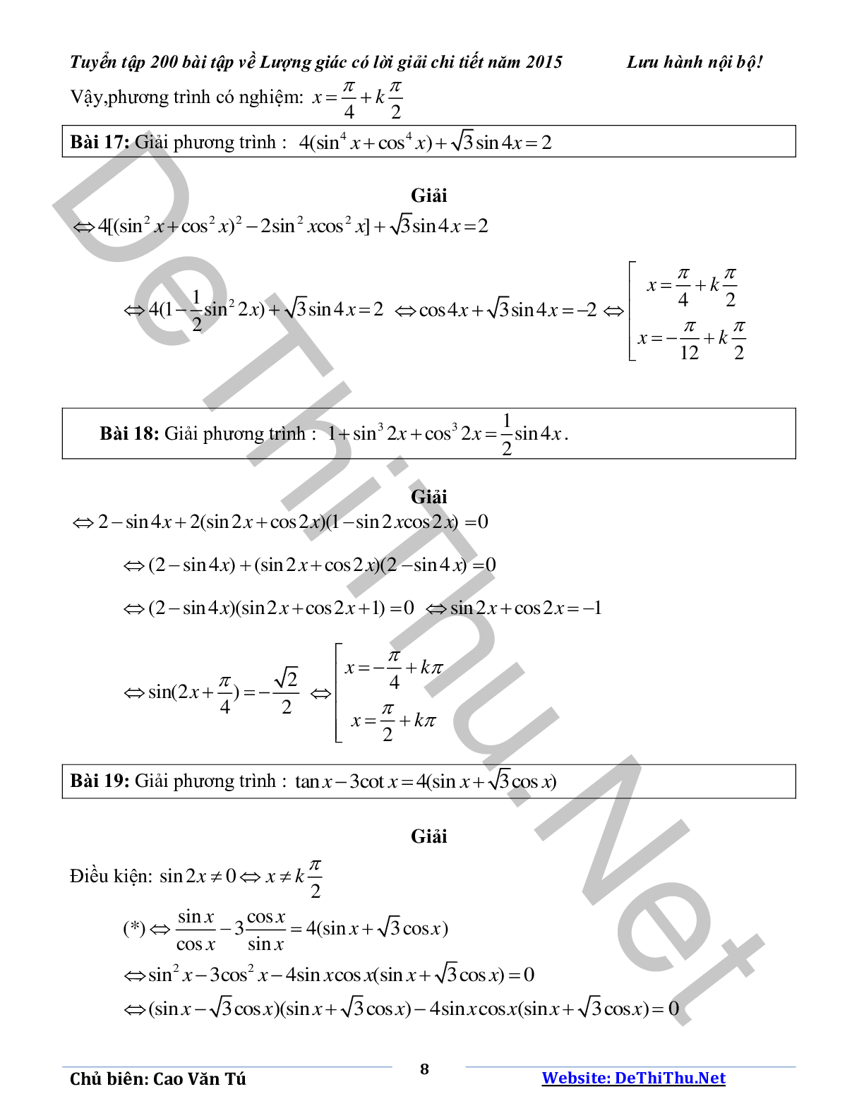 Tuyển tập 200 bài tập lượng giác có lời giải chi tiết năm 2015 (trang 8)