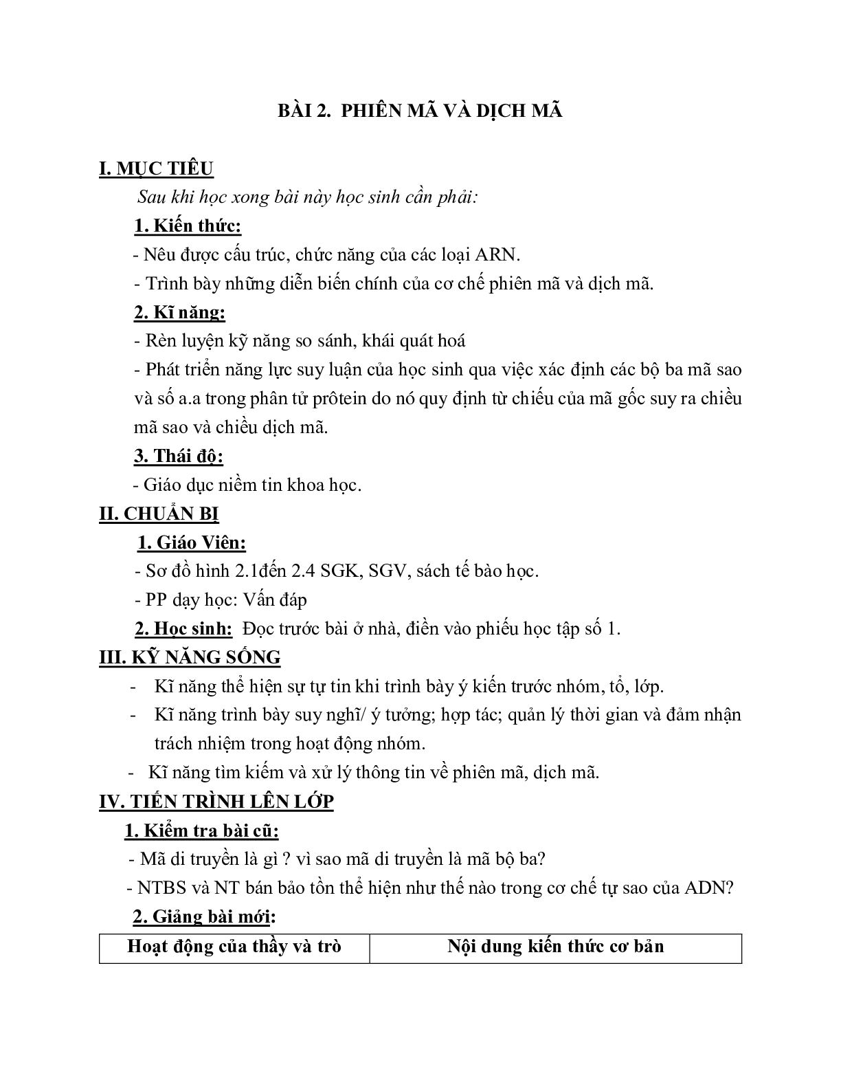 Giáo án Sinh học 12 Bài 2: Phiên mã và dịch mã mới nhất - CV5555 (trang 1)