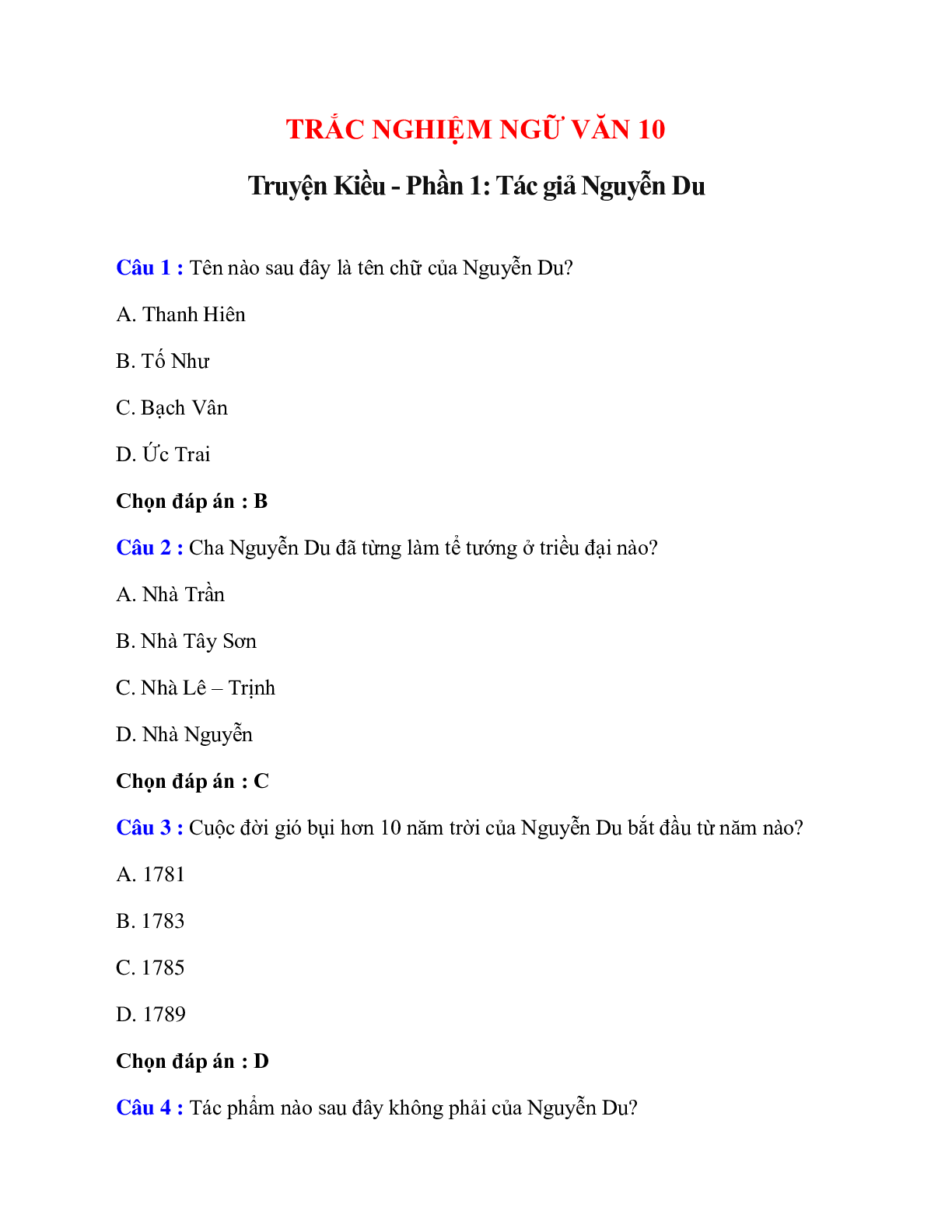 Trắc nghiệm Truyện Kiều - Phần 1: Tác giả Nguyễn Du có đáp án – Ngữ văn lớp 10 (trang 1)
