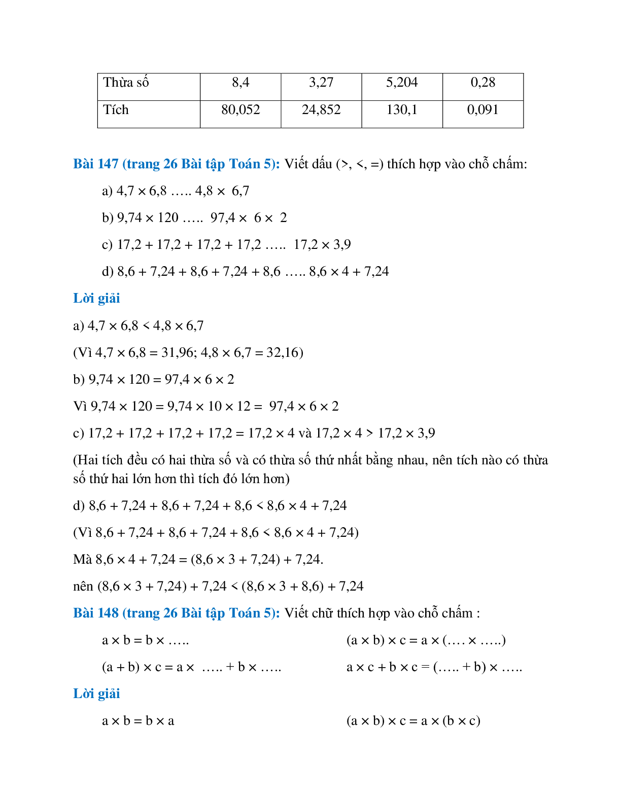 SBT Toán lớp 5 trang 26, 27, 28 Phép nhân (trang 3)