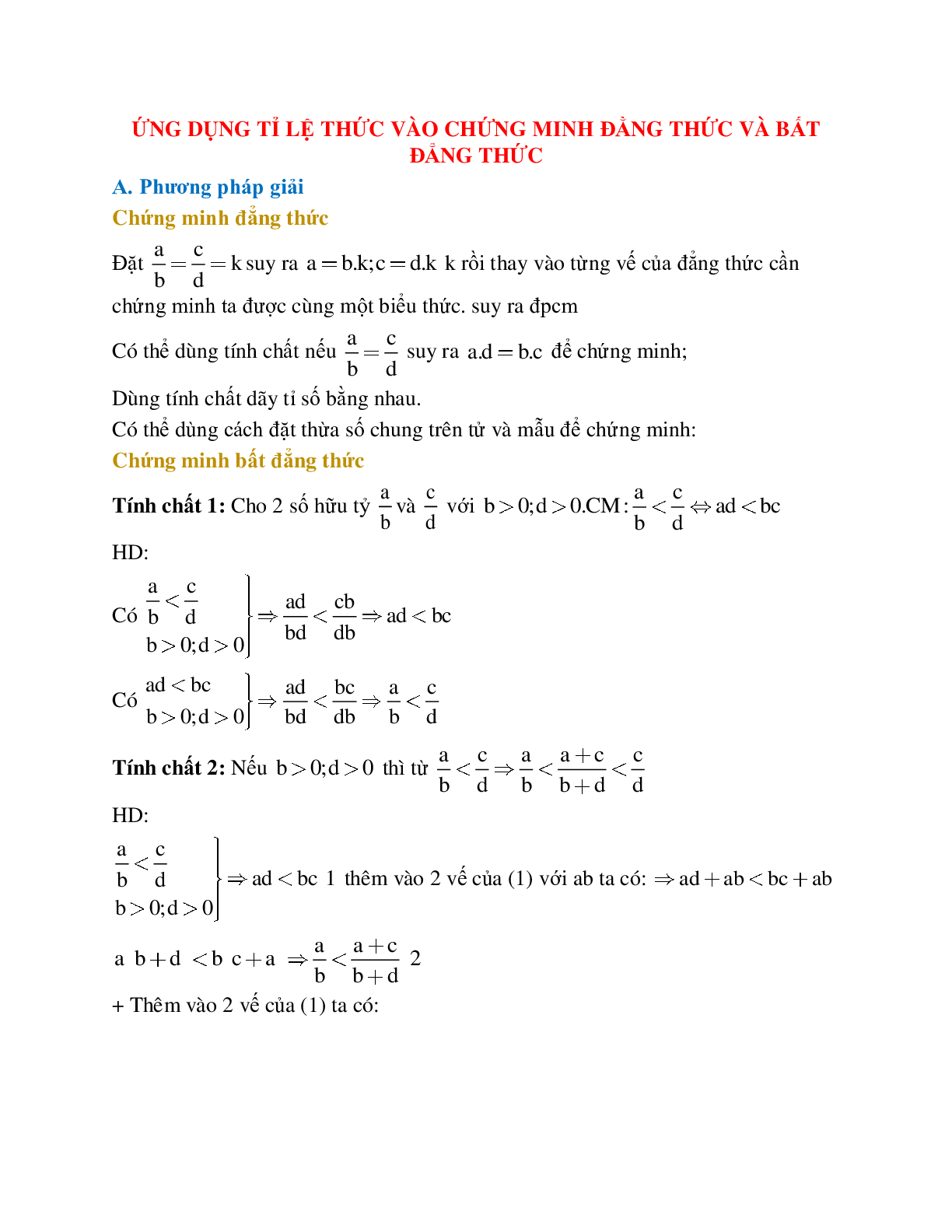 Phương pháp giải Ứng dụng tỉ lệ thức vào chứng minh đẳng thức và bất đẳng thức (trang 1)