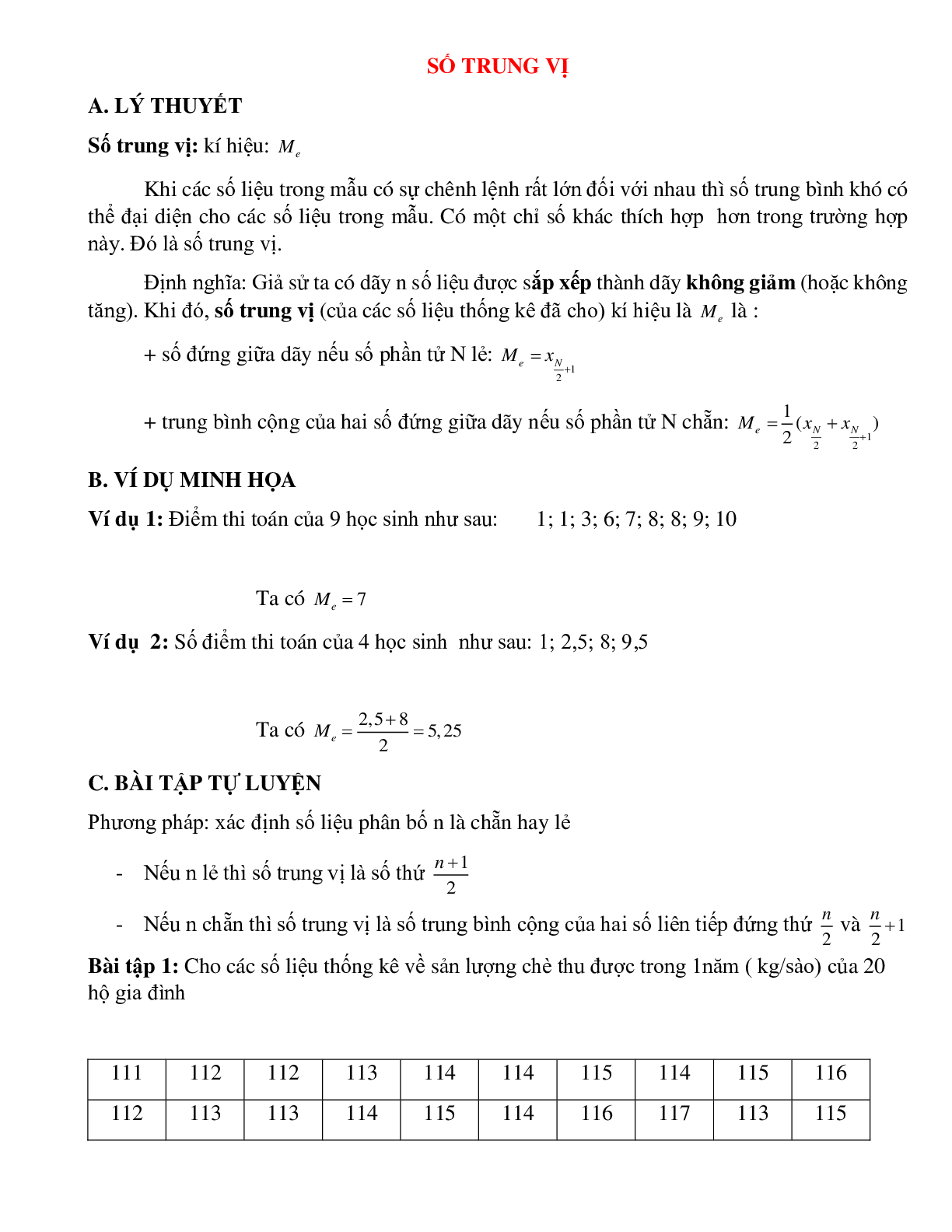 Bài tập tự luyện Số trung vị có đáp án (trang 1)