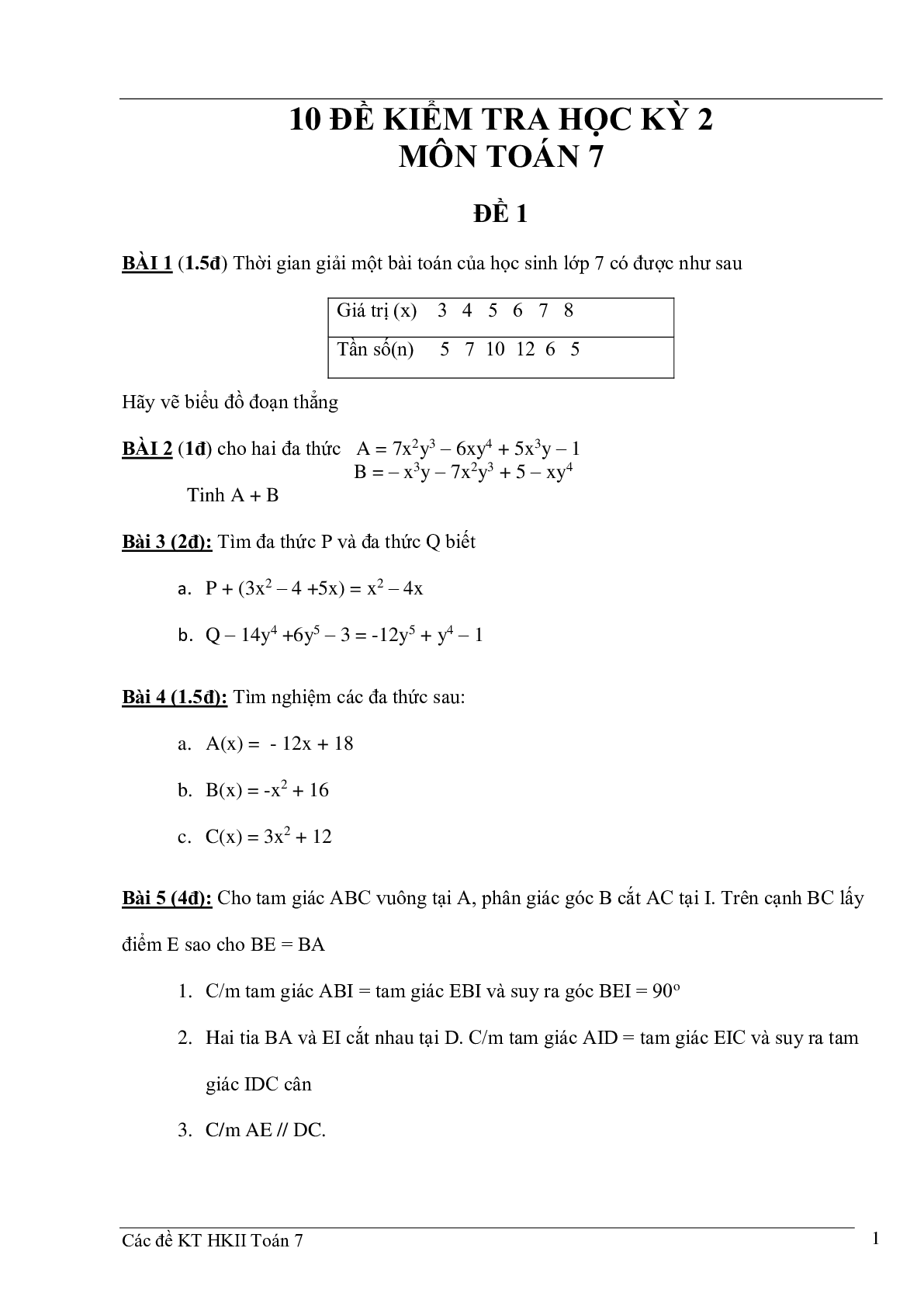 10 đề kiểm tra học kì 2 môn Toán 7 (trang 1)