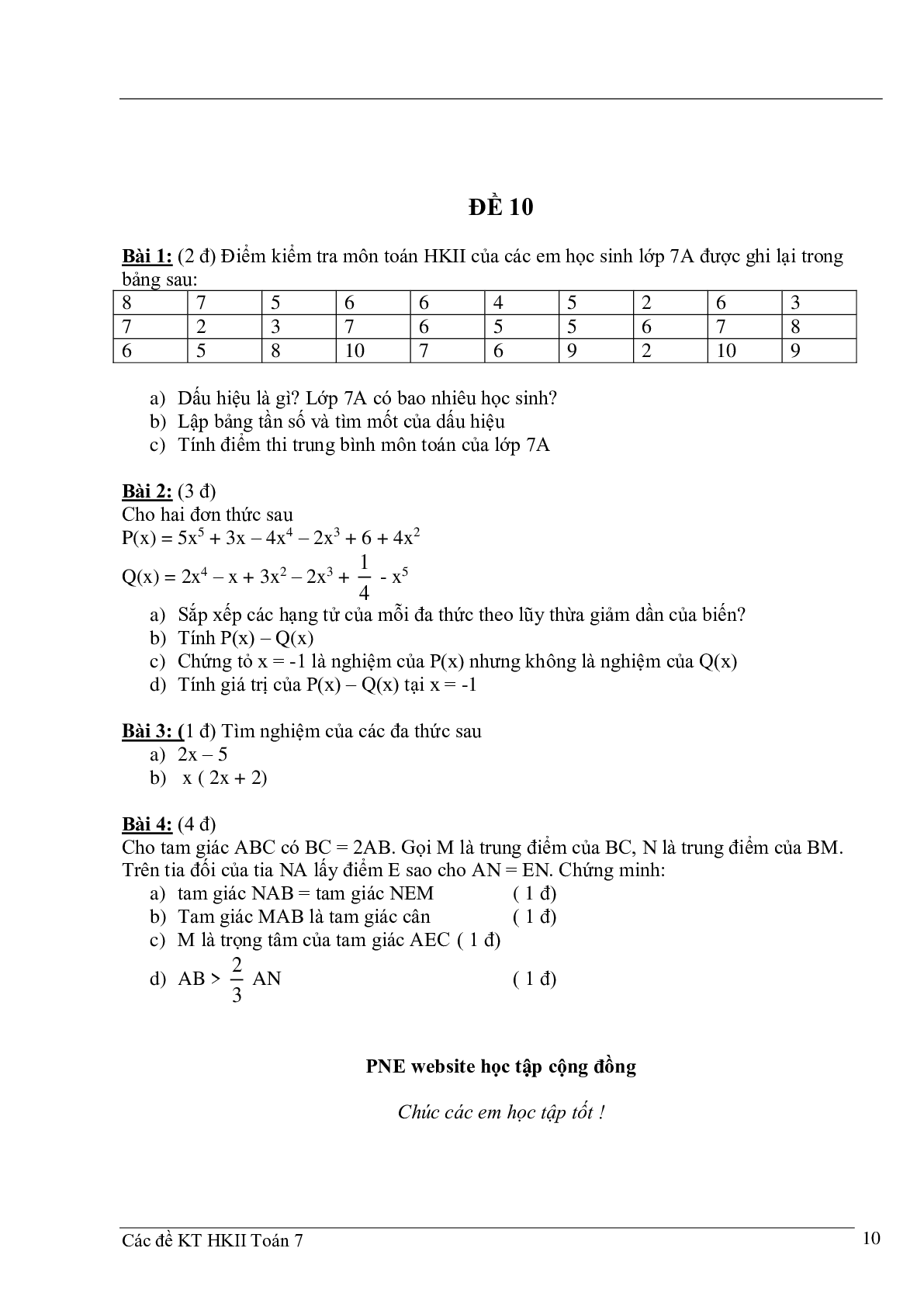 10 đề kiểm tra học kì 2 môn Toán 7 (trang 10)