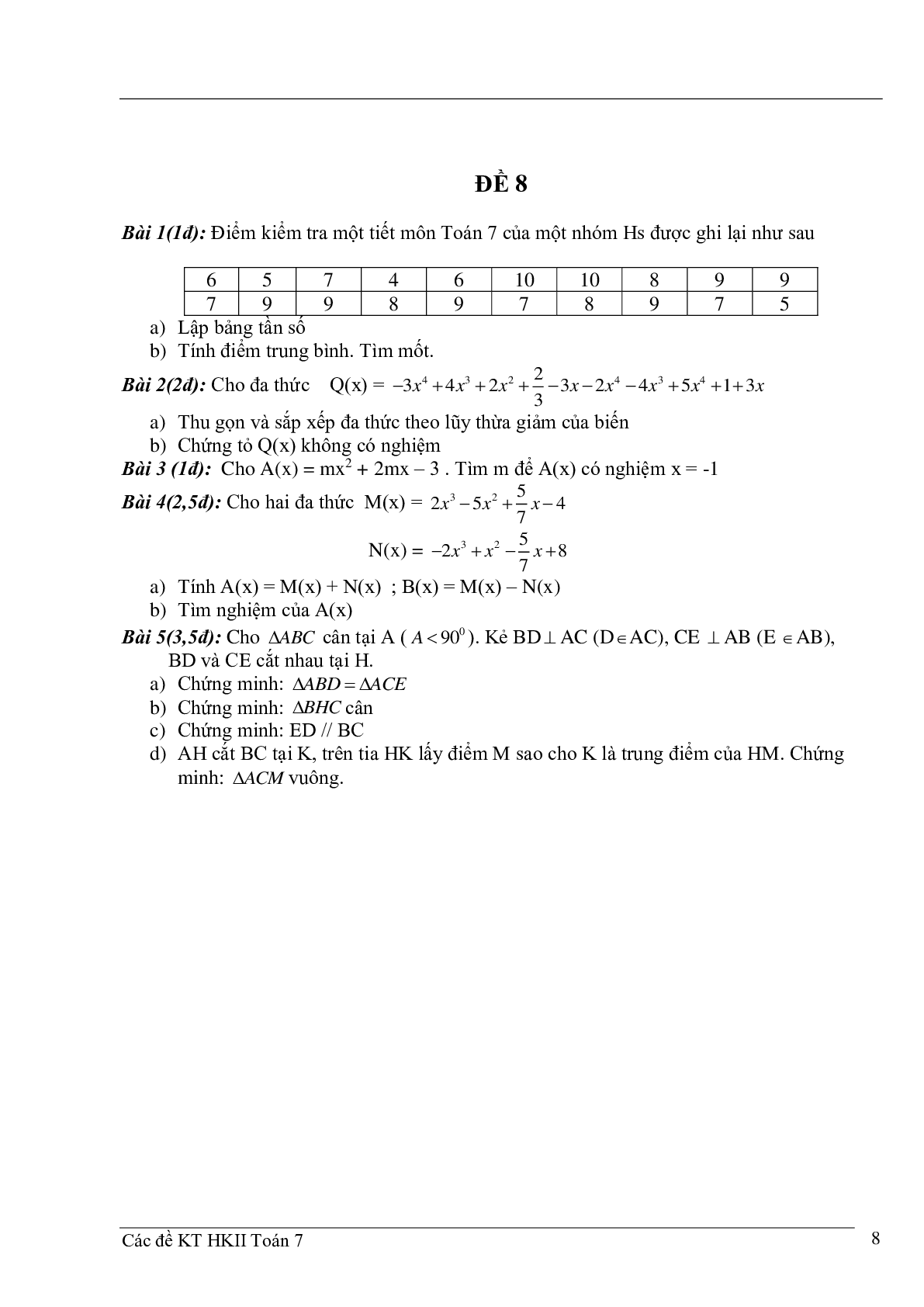 10 đề kiểm tra học kì 2 môn Toán 7 (trang 8)