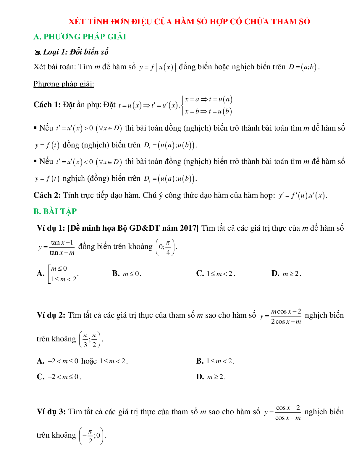 Xét tính đơn điệu của hàm số hợp có chứa tham số (trang 1)