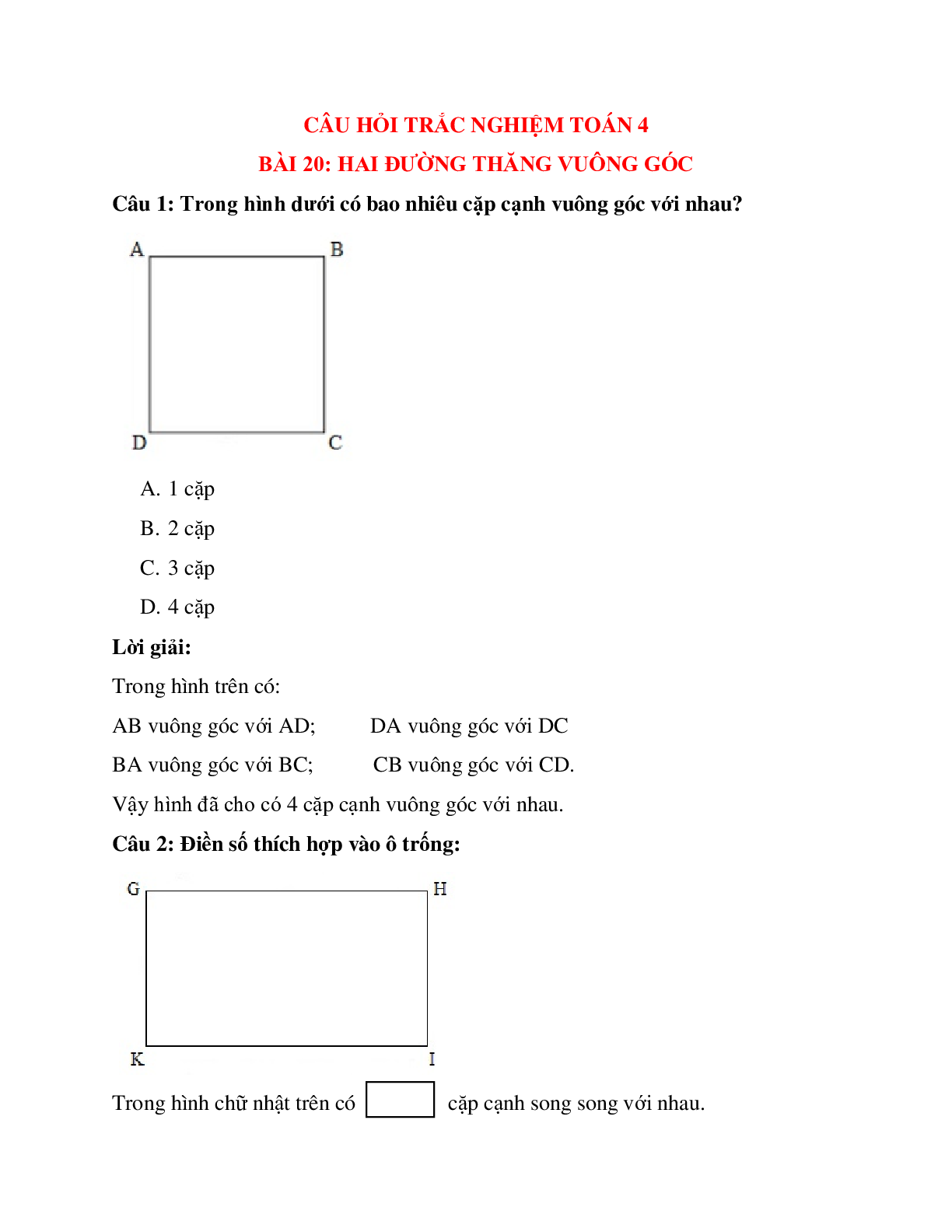 15 câu Trắc nghiệm Hai đường thẳng vuông góc có đáp án 2023 – Toán lớp 4 (trang 1)
