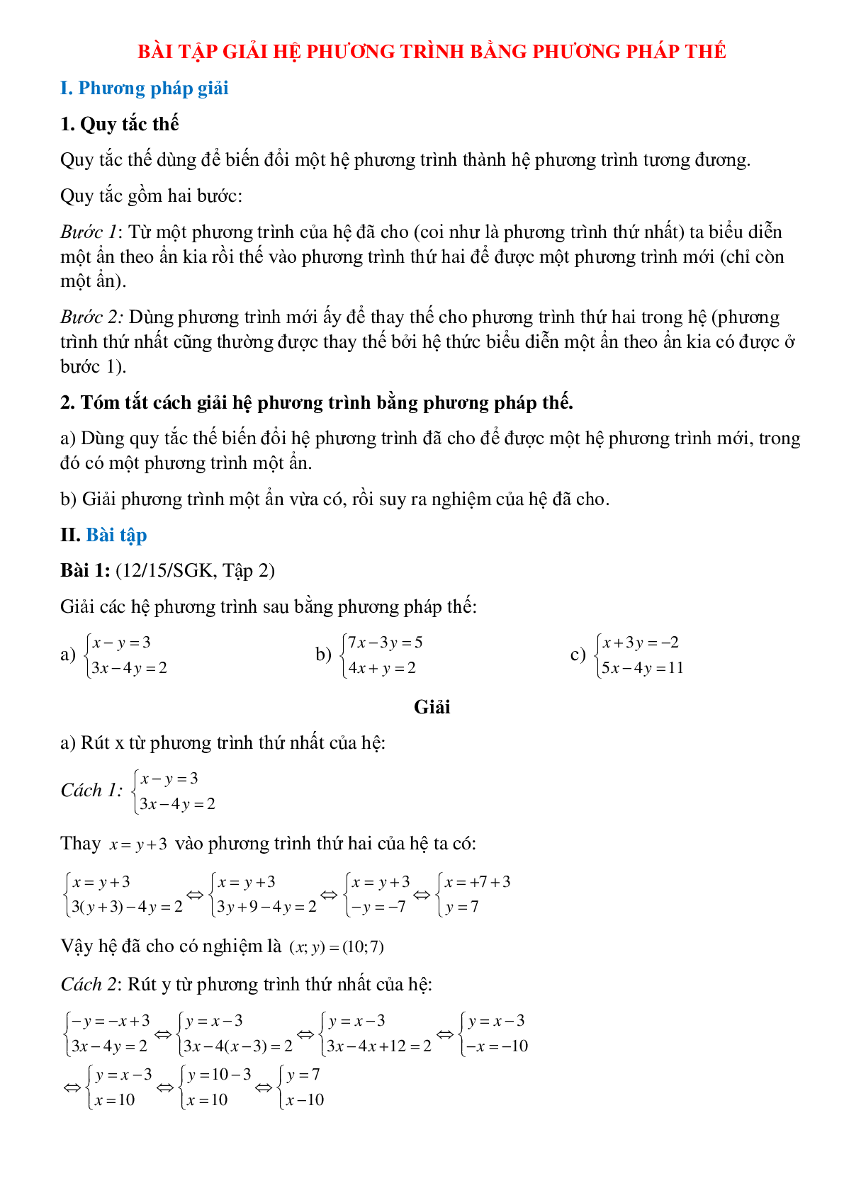 50 Bài tập Giải hệ phương trình bằng phương pháp thế (có đáp án)- Toán 9 (trang 1)