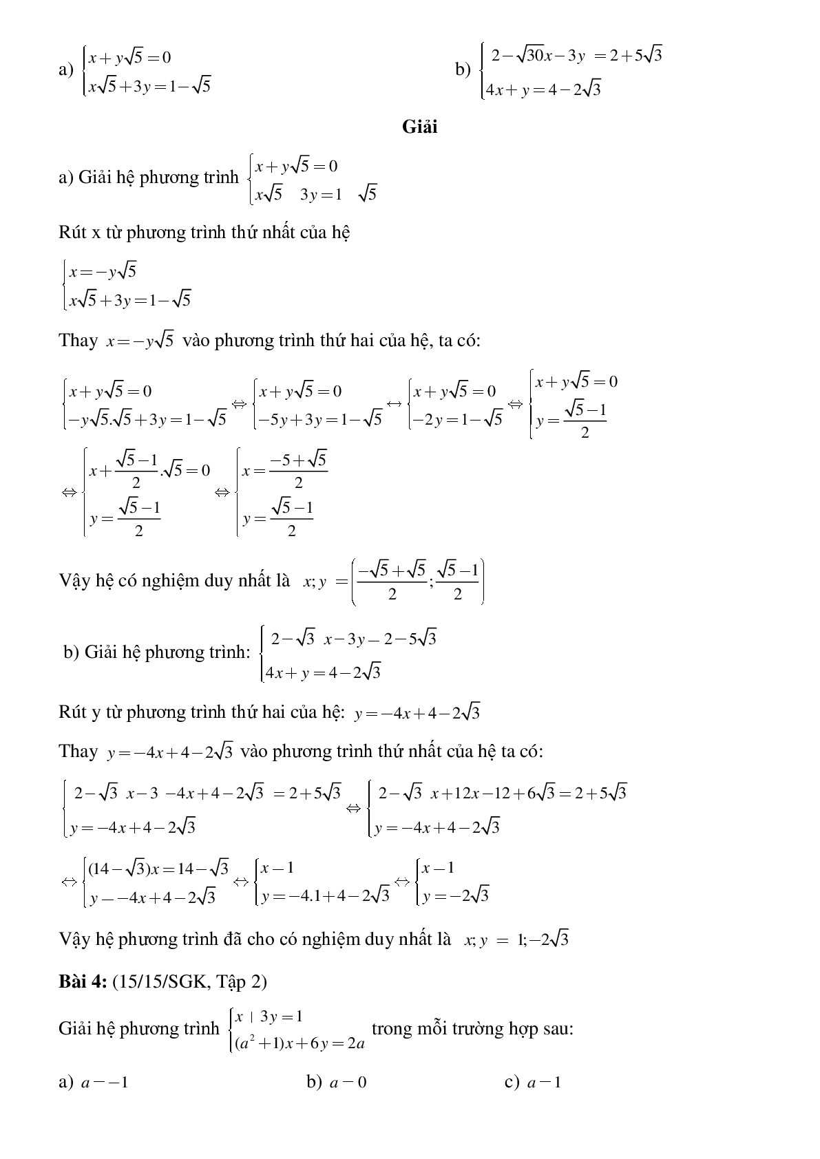 50 Bài tập Giải hệ phương trình bằng phương pháp thế (có đáp án)- Toán 9 (trang 5)