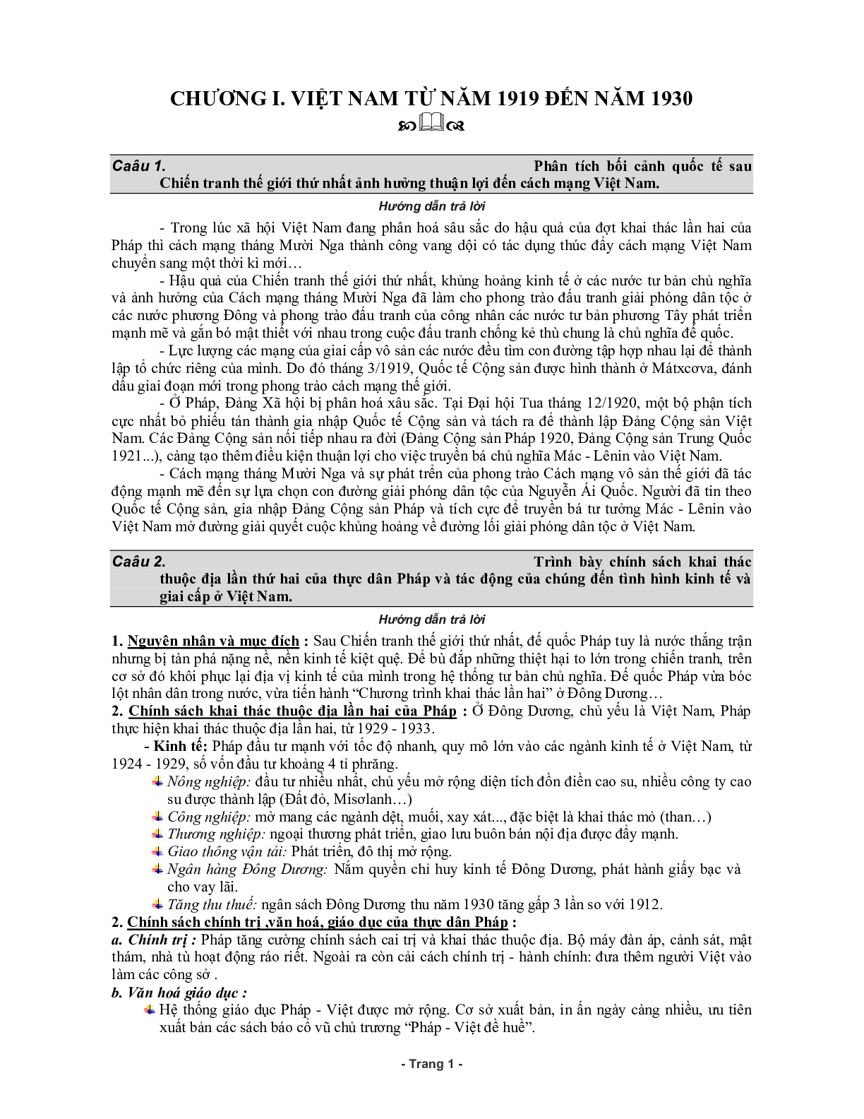 70 câu hỏi ôn tập môn lịch sử có đáp án lớp 12 (trang 1)