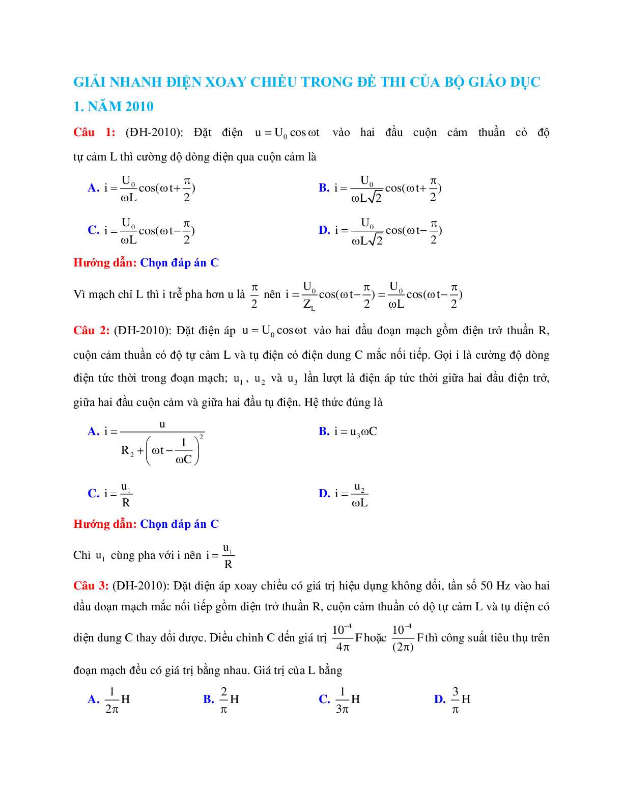 Giải nhanh chuyên đề Điện xoay chiều môn Vật lý lớp 12 (trang 1)