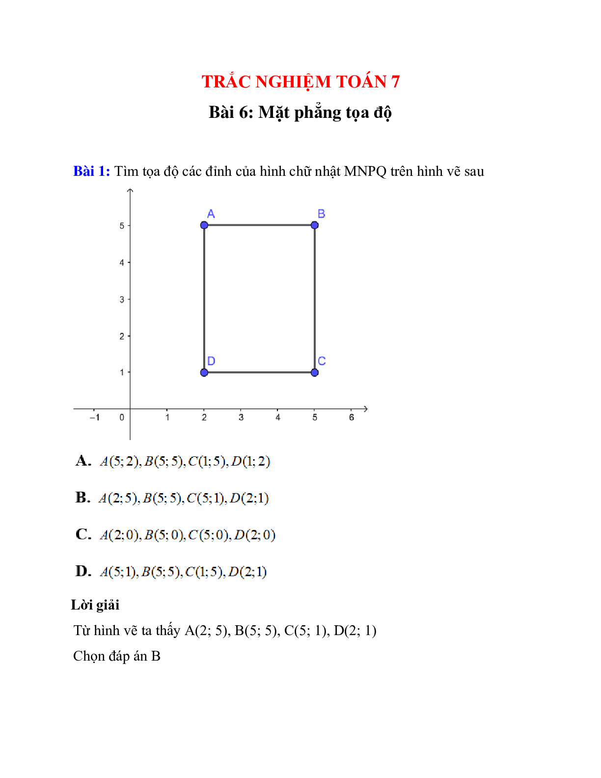 Trắc nghiệm Mặt phẳng tọa độ có đáp án – Toán lớp 7 (trang 1)