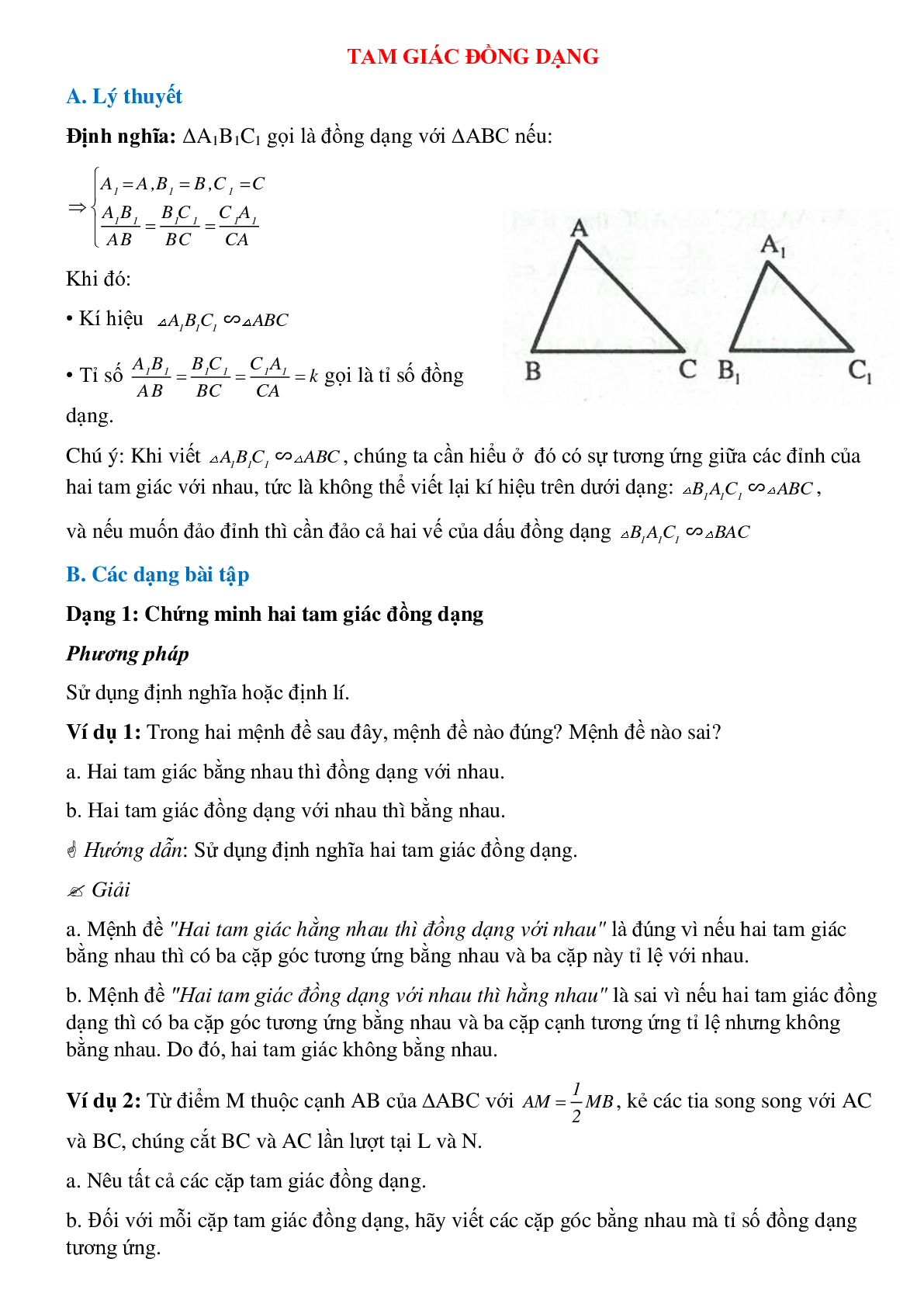 Lý thuyết Khái niệm hai tam giác đồng dạng (mới 2023 + bài tập) - Toán 8 (trang 1)