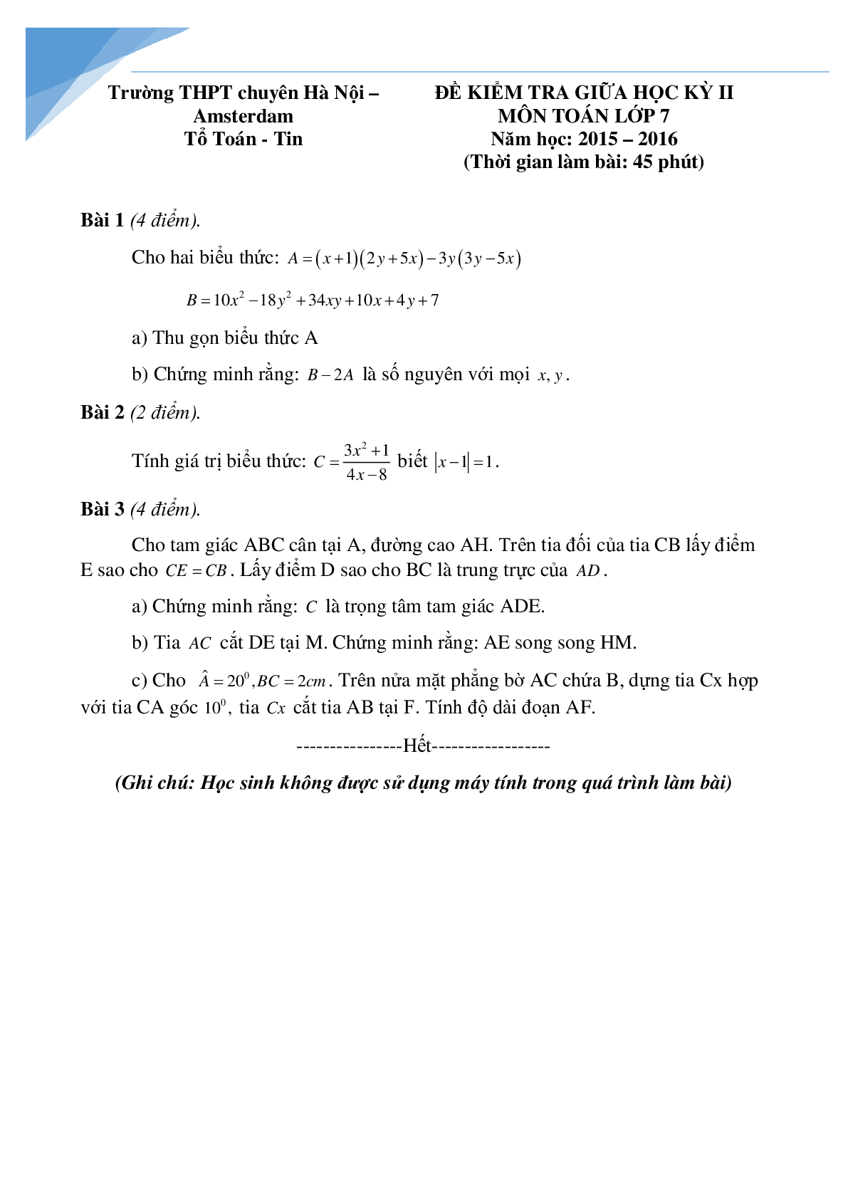10 đề toán giữa kì 2 lớp 7 các trường Hà Nội (trang 1)