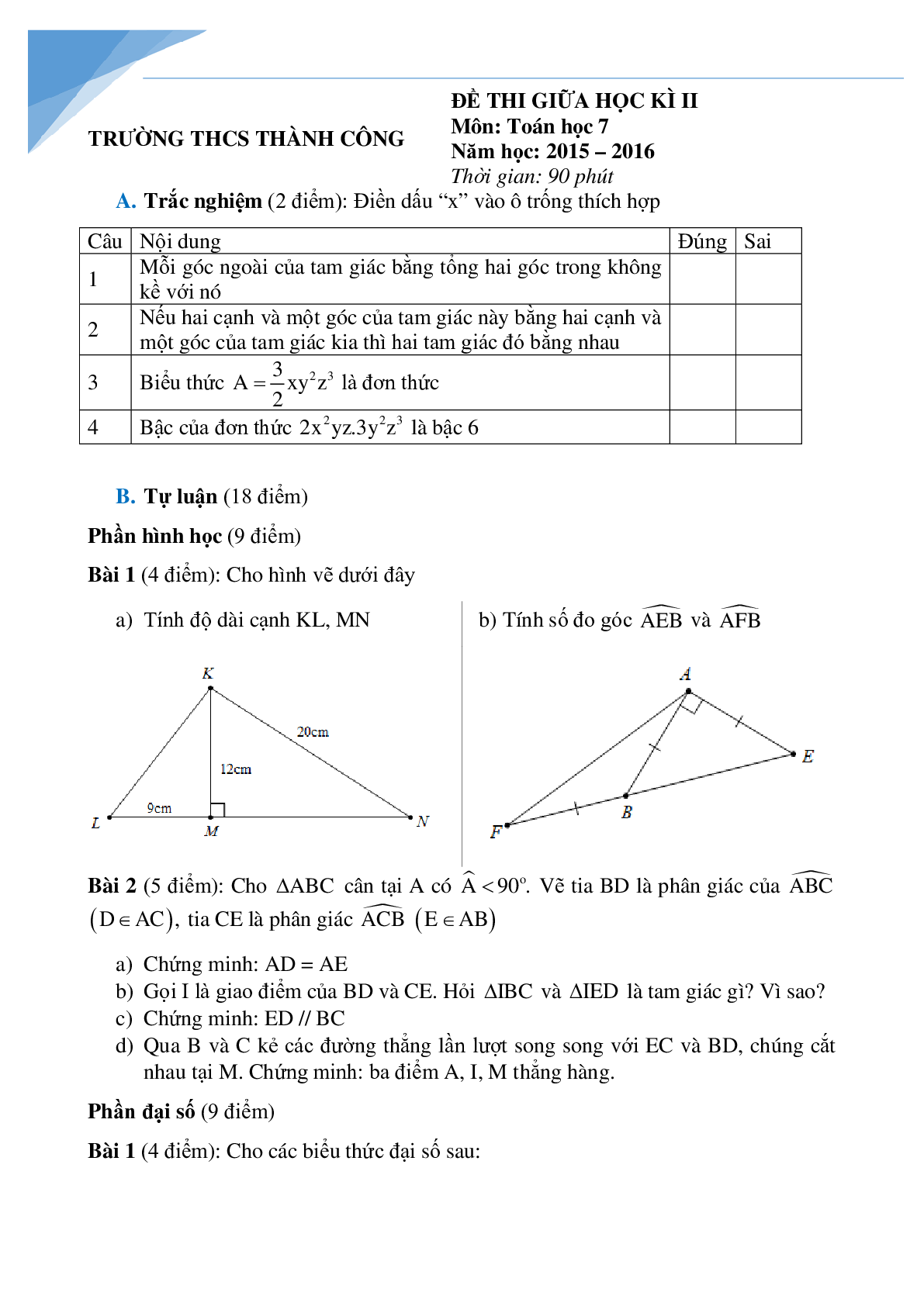 10 đề toán giữa kì 2 lớp 7 các trường Hà Nội (trang 4)