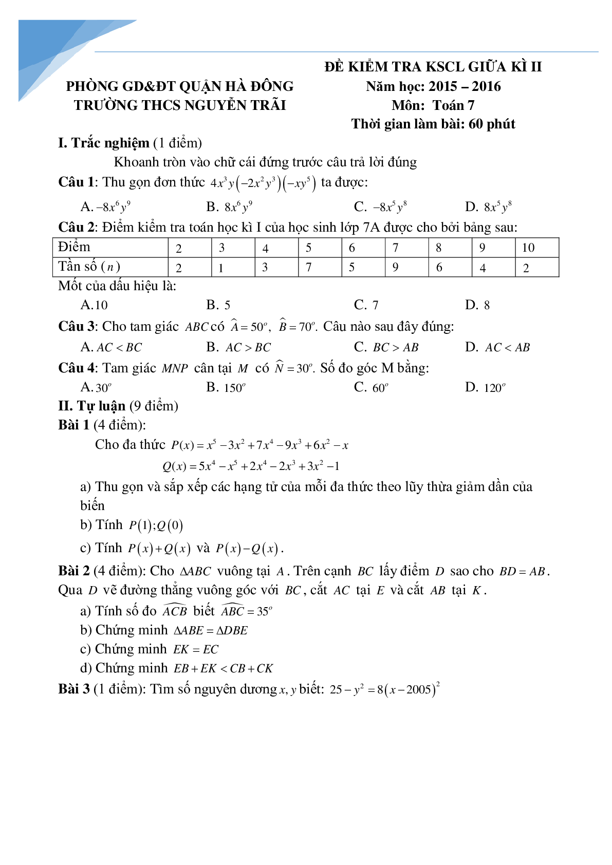 10 đề toán giữa kì 2 lớp 7 các trường Hà Nội (trang 9)