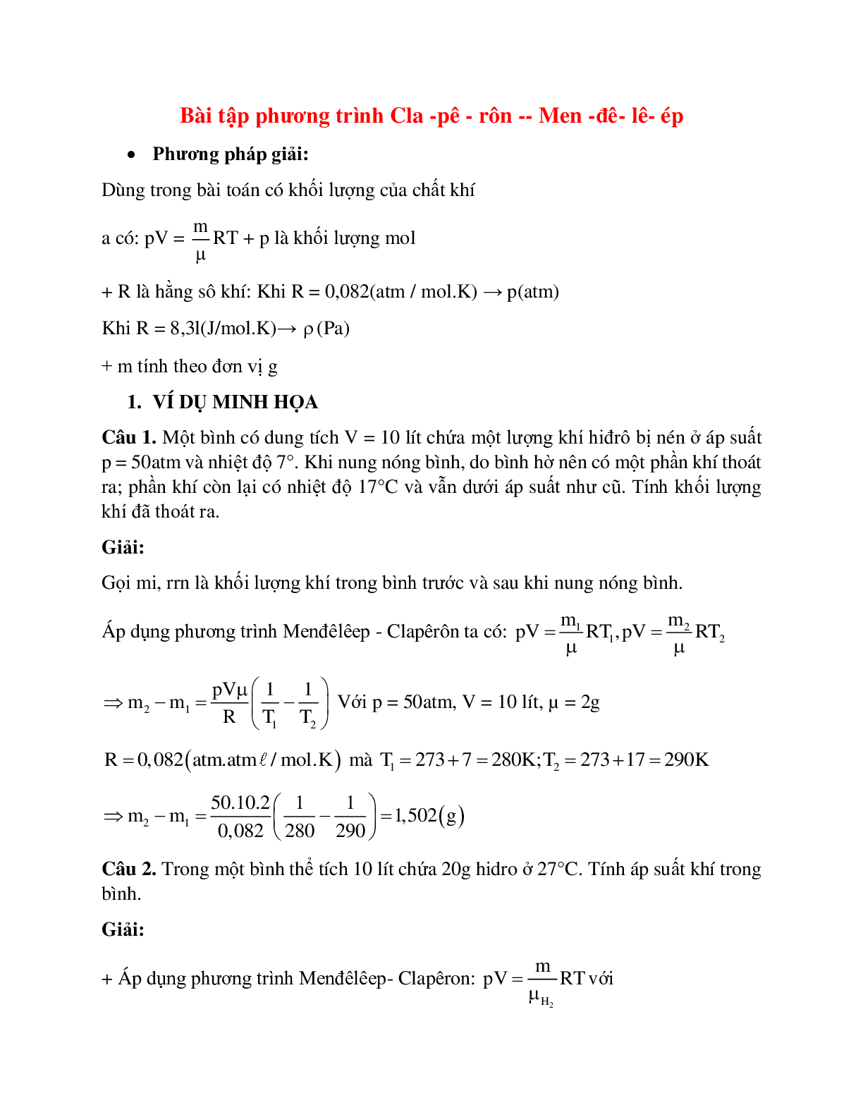 Bài tập về phương trình Cla-pê-rôn Men-đê-lê-ép chọn lọc (trang 1)