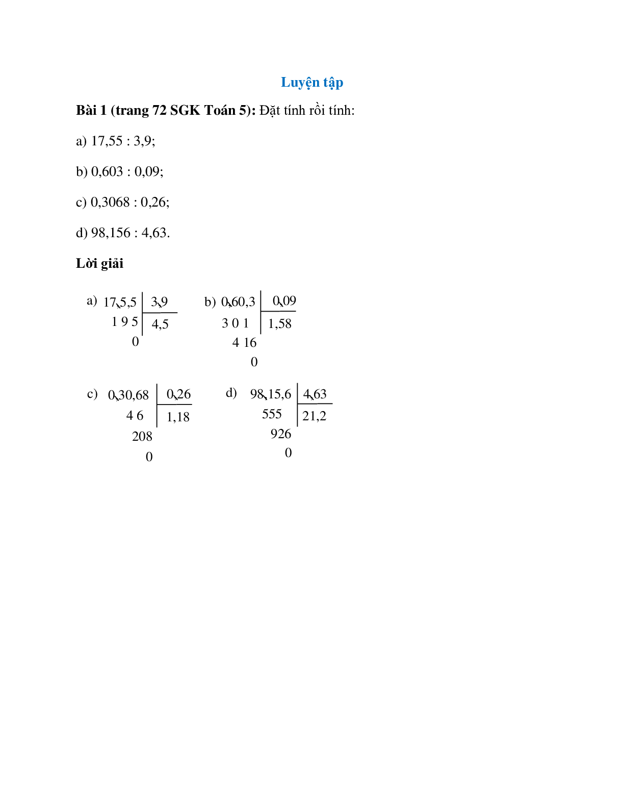 Đặt tính rồi tính: 17,55 : 3,9 (trang 1)