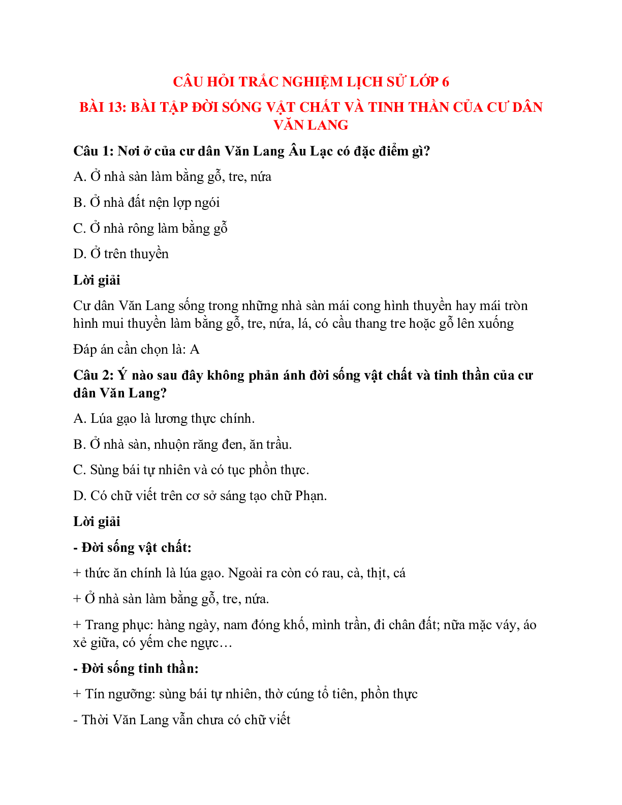 Trắc nghiệm Lịch sử 6 Bài 13 có đáp án: Bài tập Đời sống vật chất và tinh thần của cư dân Văn Lang (trang 1)