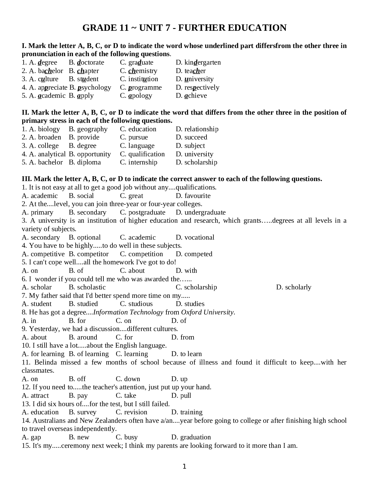 Bài tập Tiếng Anh 11 Unit 7: Further Education chọn lọc (trang 1)