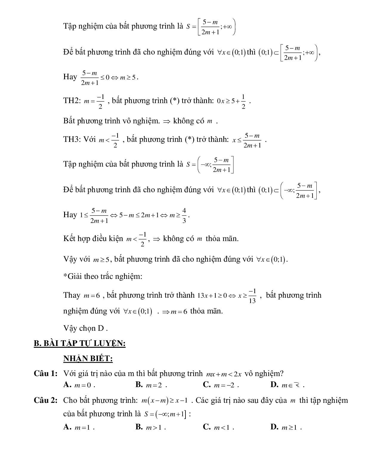 Bài tập tìm tham số để bất phương trình bậc nhất một ẩn có nghiệm thỏa mãn điều kiện Toán 10 (trang 2)