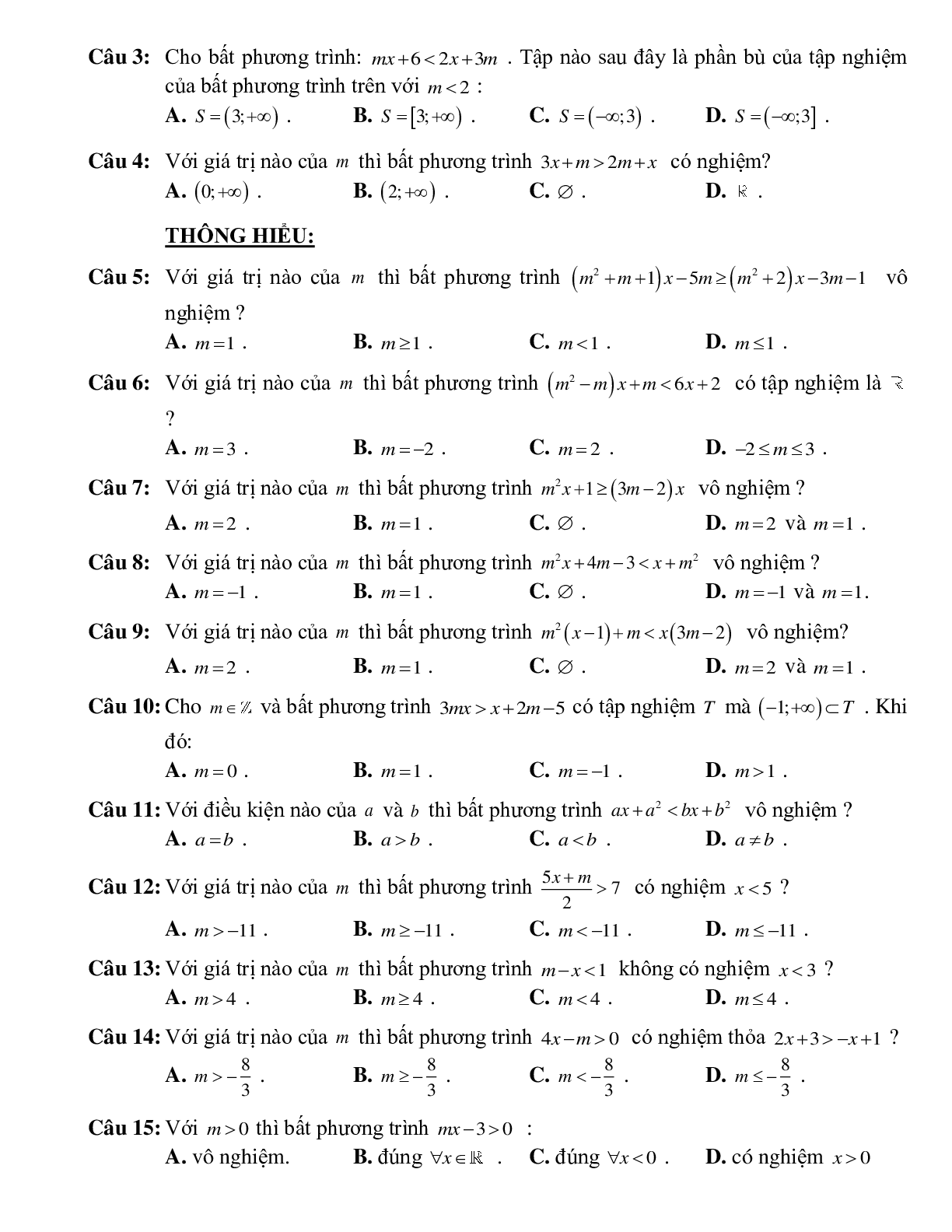 Bài tập tìm tham số để bất phương trình bậc nhất một ẩn có nghiệm thỏa mãn điều kiện Toán 10 (trang 3)