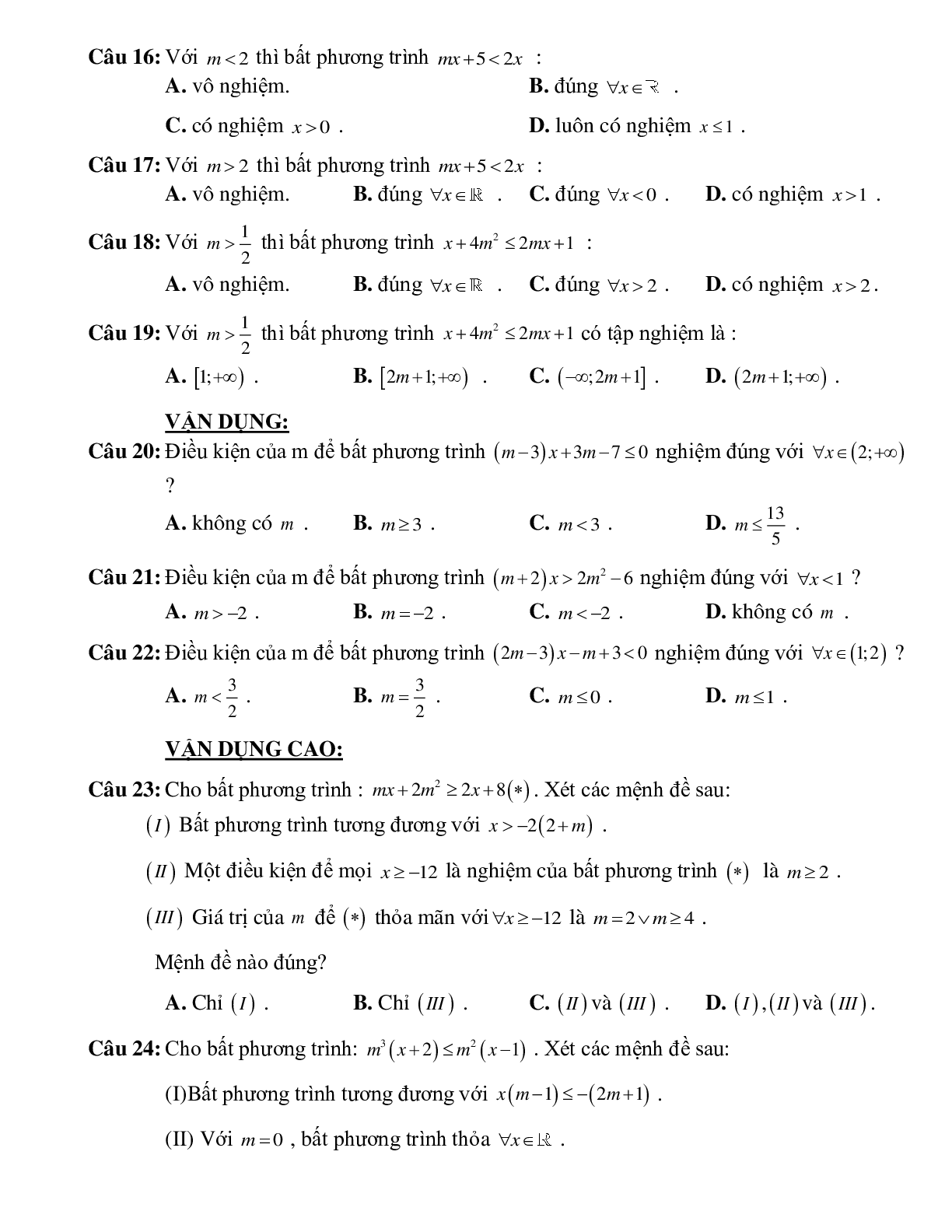 Bài tập tìm tham số để bất phương trình bậc nhất một ẩn có nghiệm thỏa mãn điều kiện Toán 10 (trang 4)
