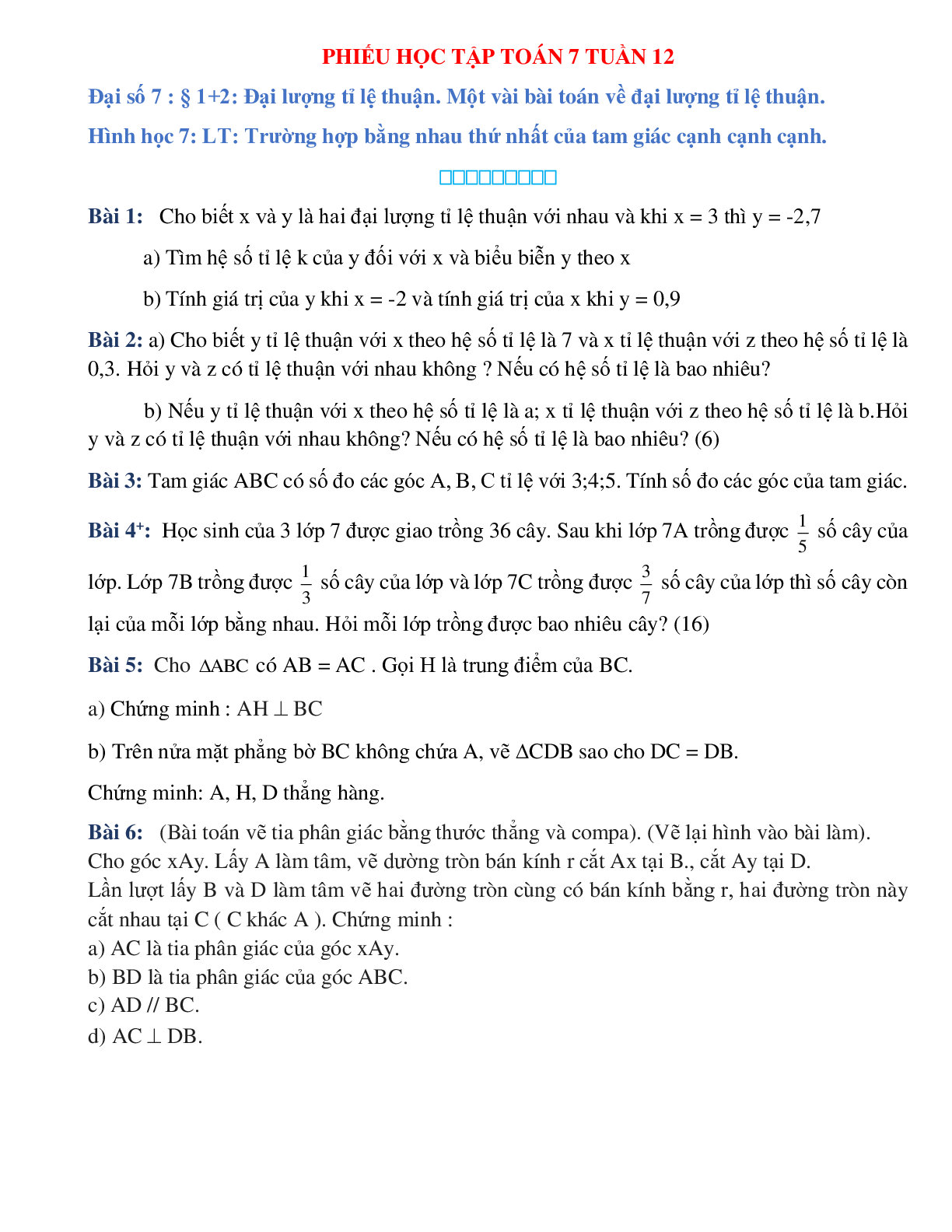 Phiếu bài tập tuần 12 - Toán 7 (trang 1)