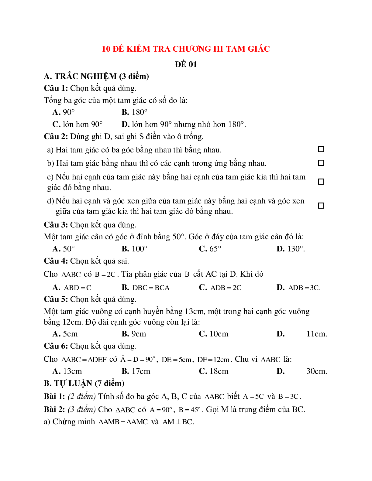 10 Đề thi kiểm tra định kỳ chương 3 tam giác lớp 7 (trang 1)