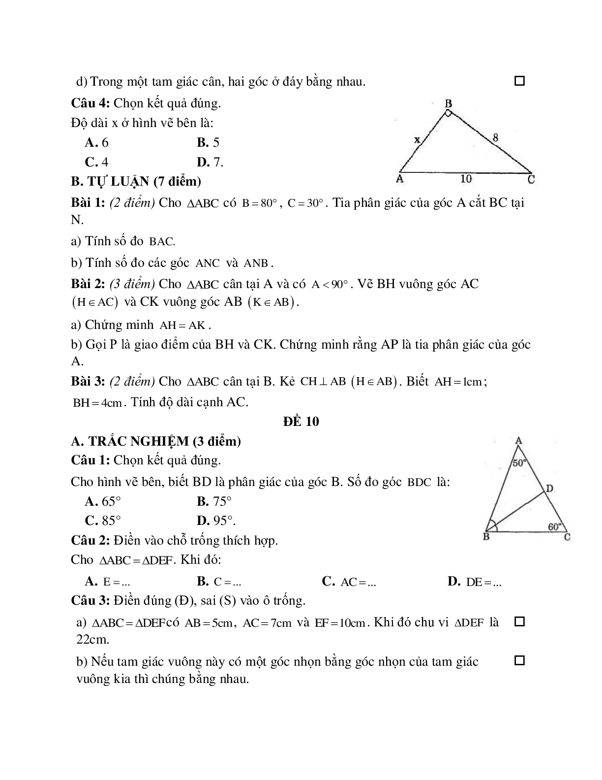10 Đề thi kiểm tra định kỳ chương 3 tam giác lớp 7 (trang 10)