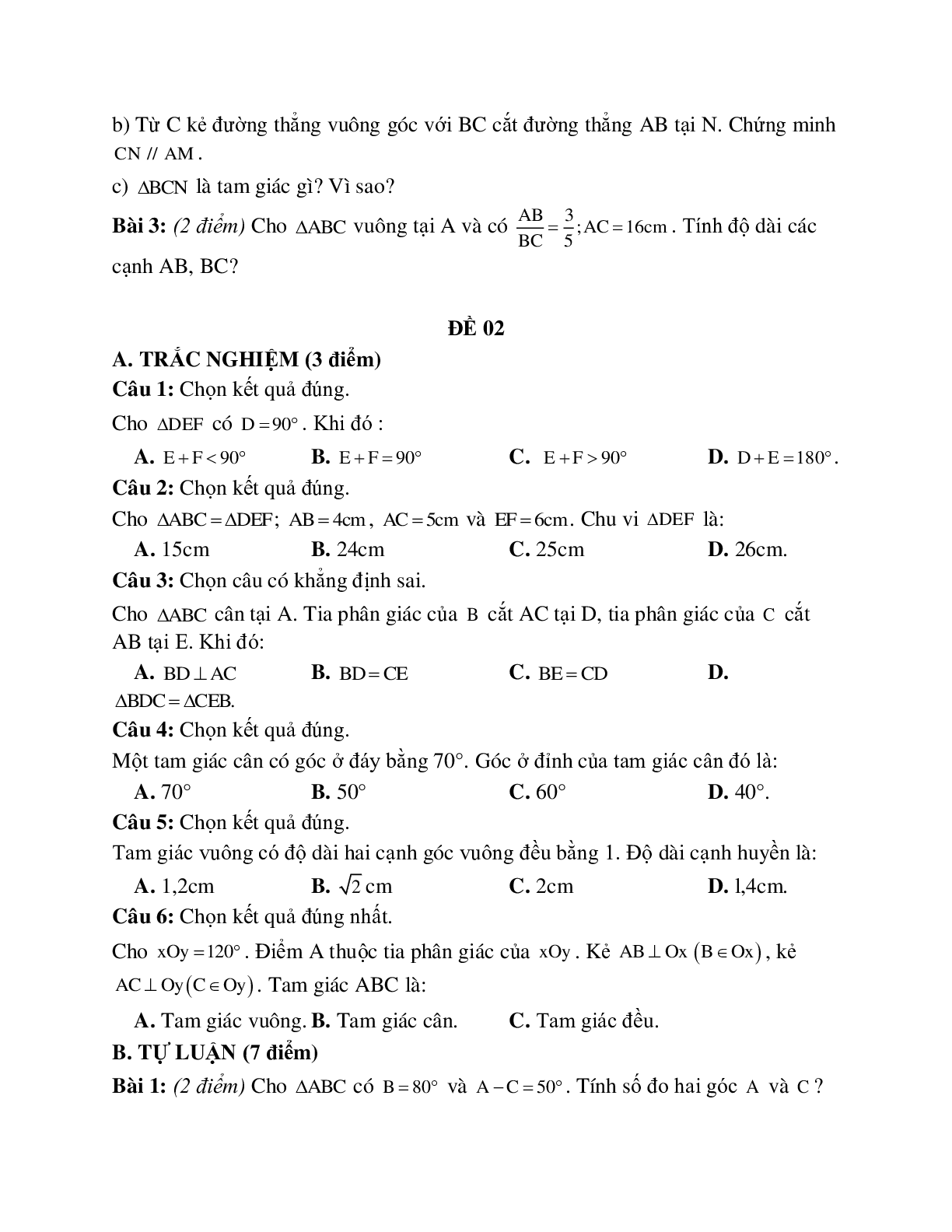 10 Đề thi kiểm tra định kỳ chương 3 tam giác lớp 7 (trang 2)