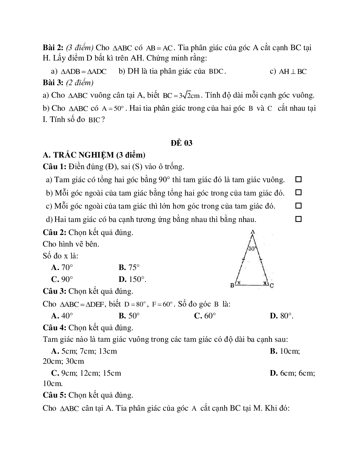 10 Đề thi kiểm tra định kỳ chương 3 tam giác lớp 7 (trang 3)