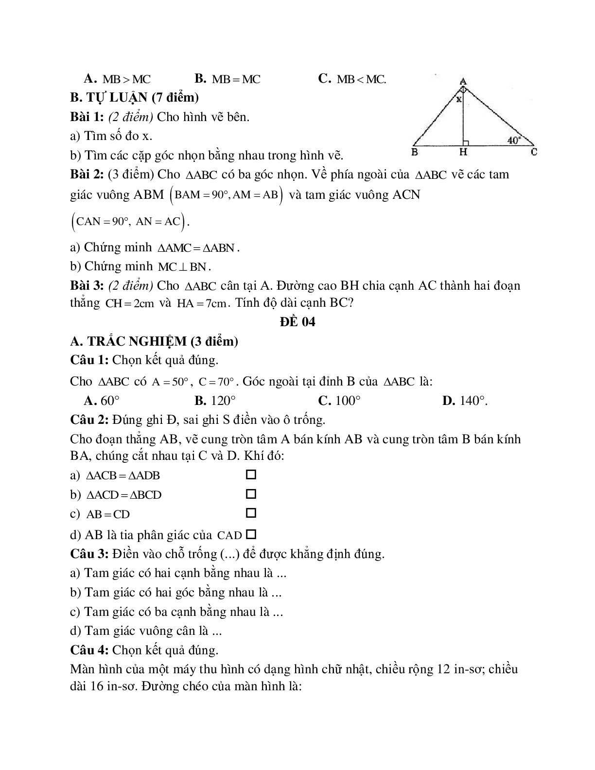 10 Đề thi kiểm tra định kỳ chương 3 tam giác lớp 7 (trang 4)