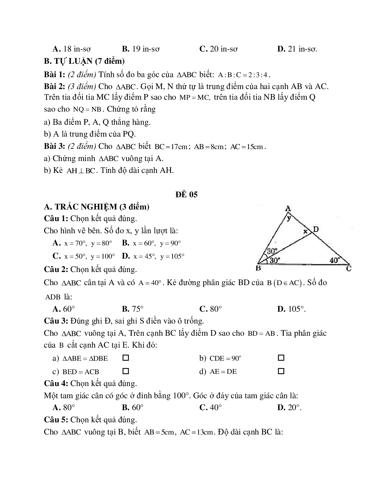 10 Đề thi kiểm tra định kỳ chương 3 tam giác lớp 7 (trang 5)