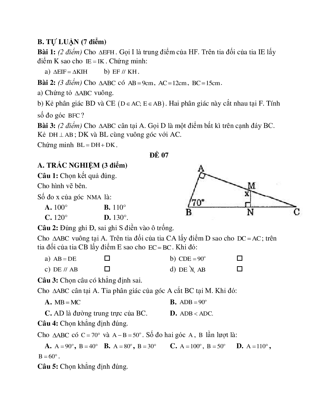 10 Đề thi kiểm tra định kỳ chương 3 tam giác lớp 7 (trang 7)