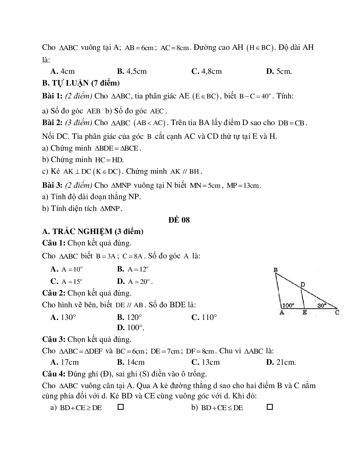 10 Đề thi kiểm tra định kỳ chương 3 tam giác lớp 7 (trang 8)