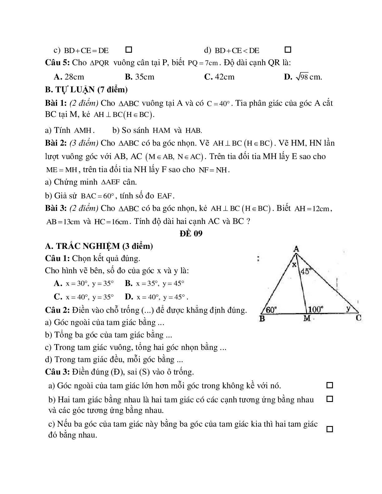 10 Đề thi kiểm tra định kỳ chương 3 tam giác lớp 7 (trang 9)