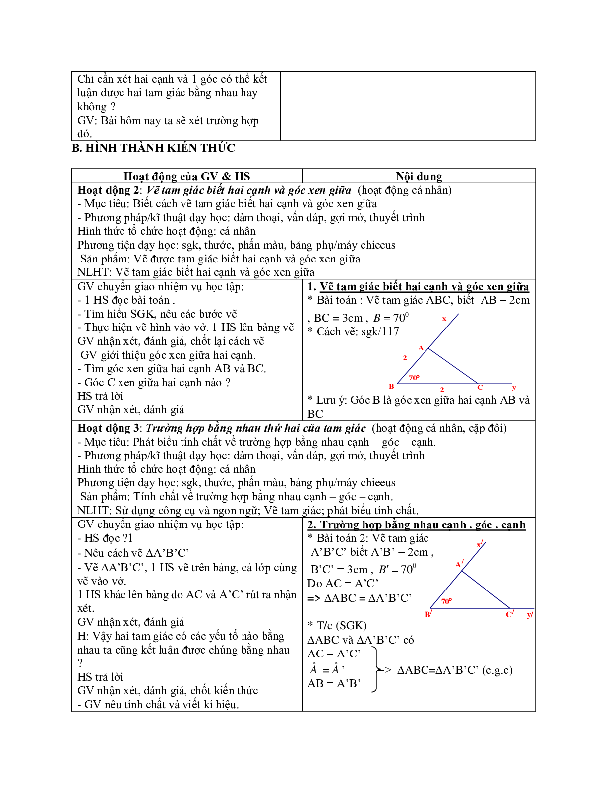 Giáo án Toán 7 bài 4: Trường hợp bằng nhau thứ hai của tam giác cạnh - góc - cạnh mới nhất (trang 2)