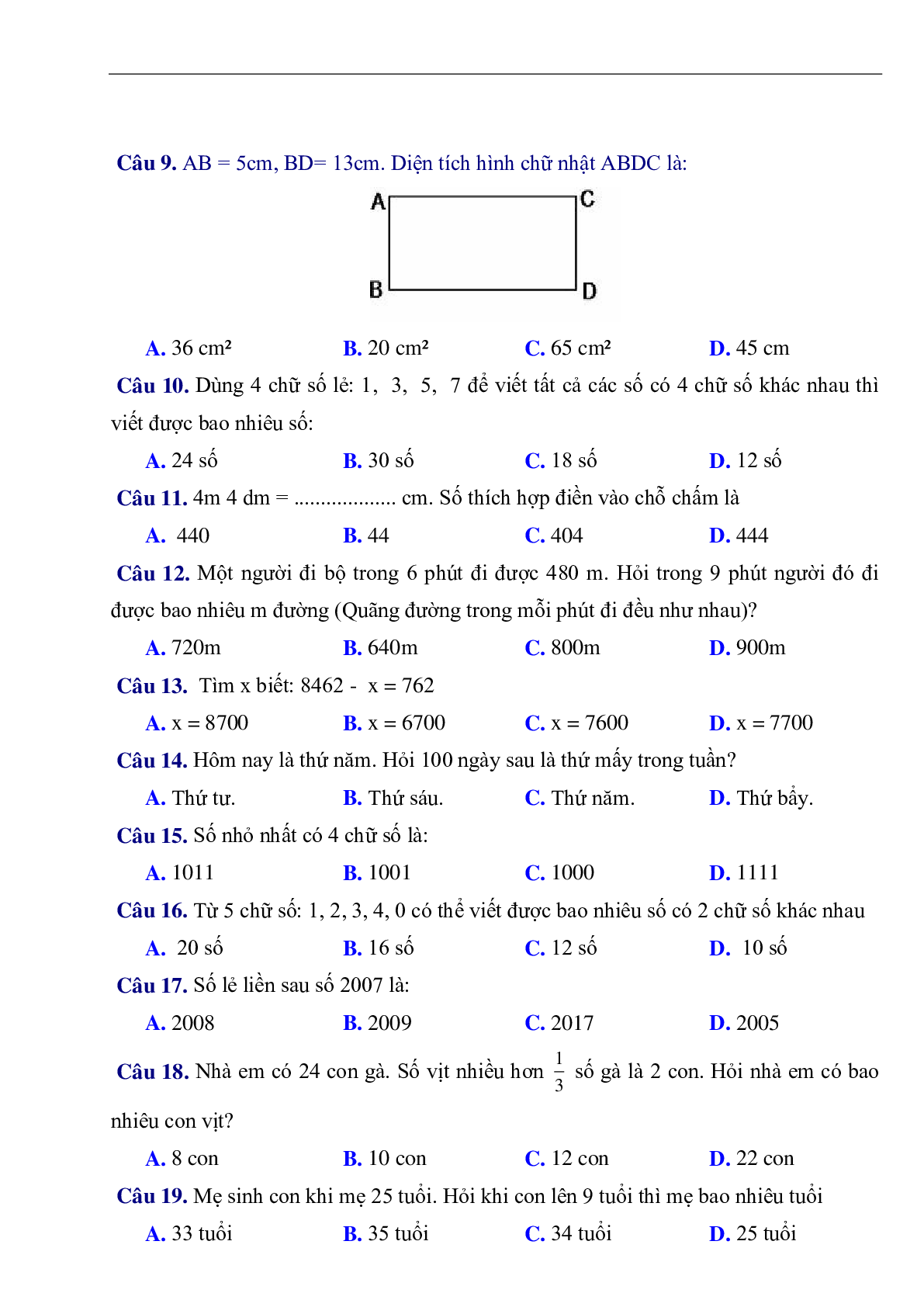 216 câu trắc nghiệm môn Toán lớp 3 có đáp án (trang 2)