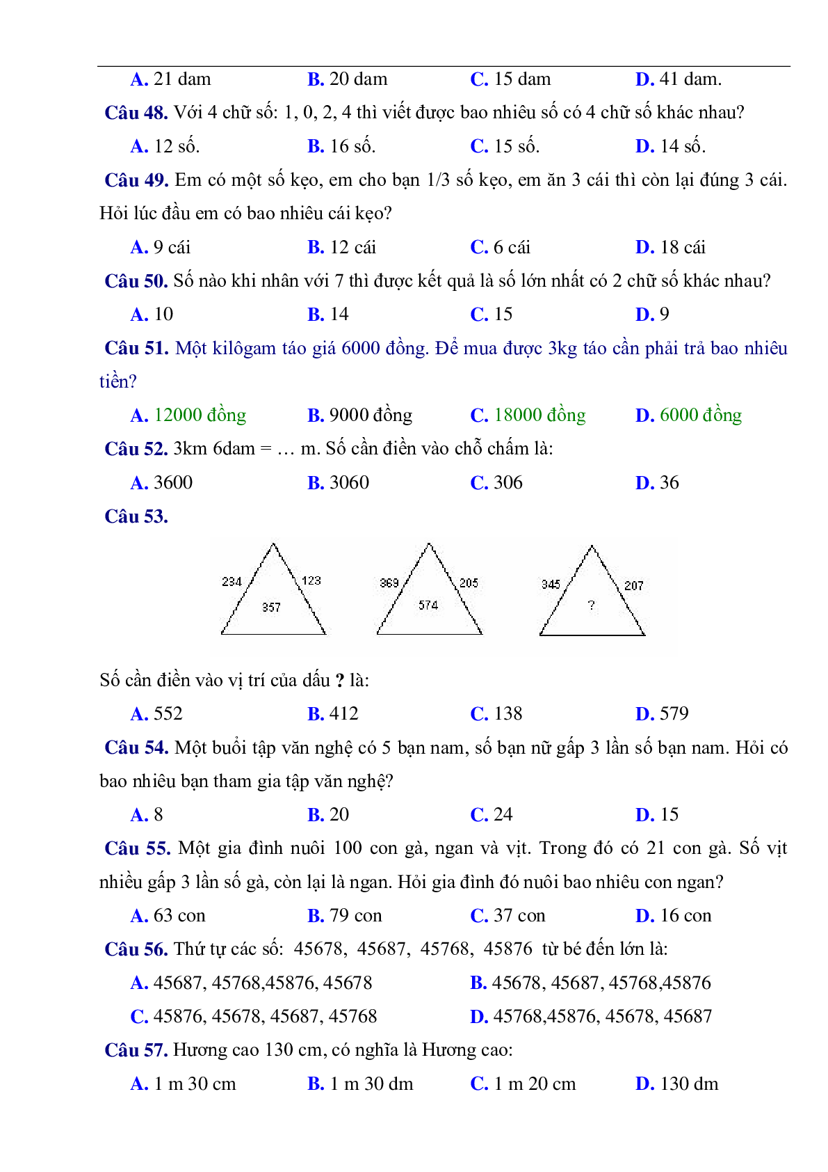 216 câu trắc nghiệm môn Toán lớp 3 có đáp án (trang 6)