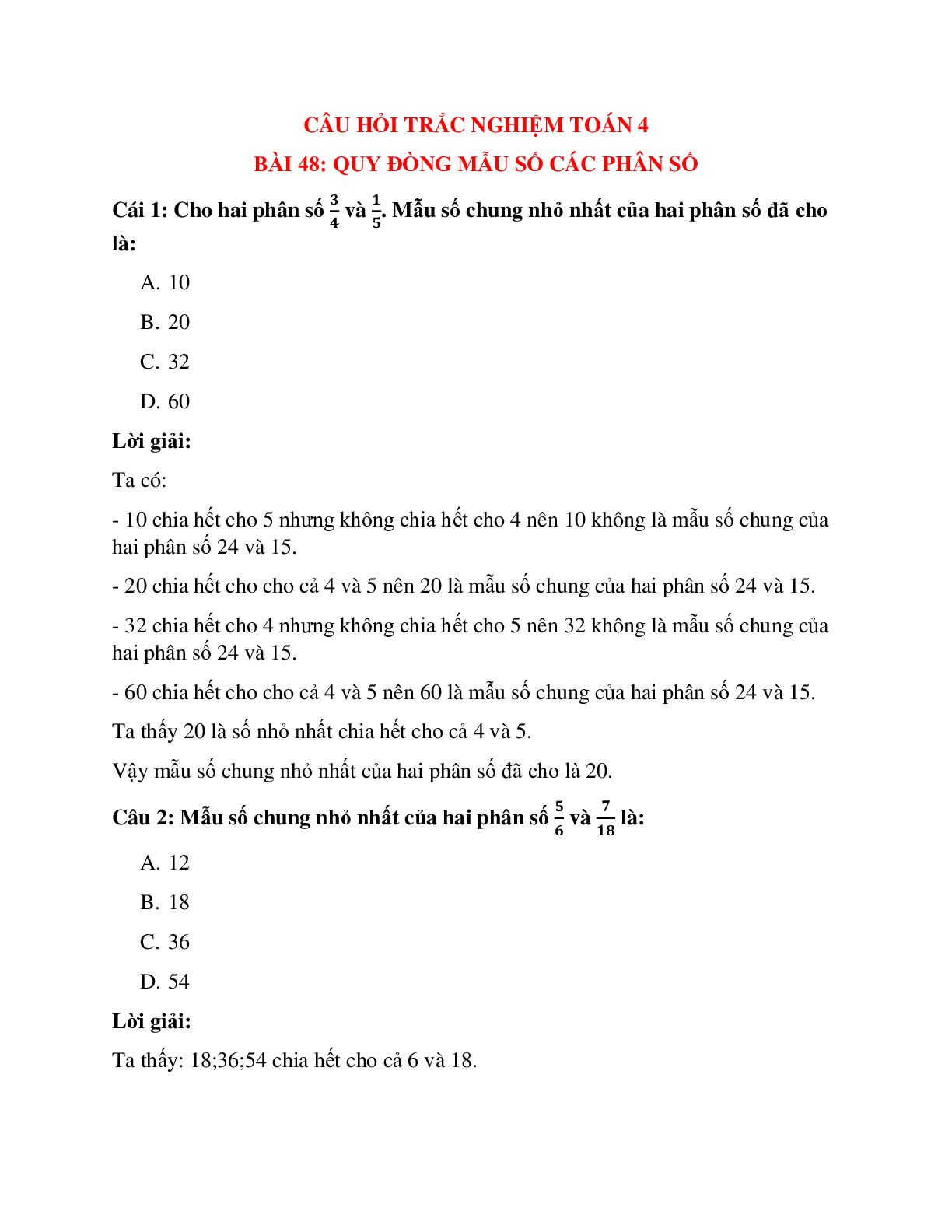 25 câu Trắc nghiệm Quy đồng mẫu số các phân số có đáp án 2023 – Toán lớp 4 (trang 1)