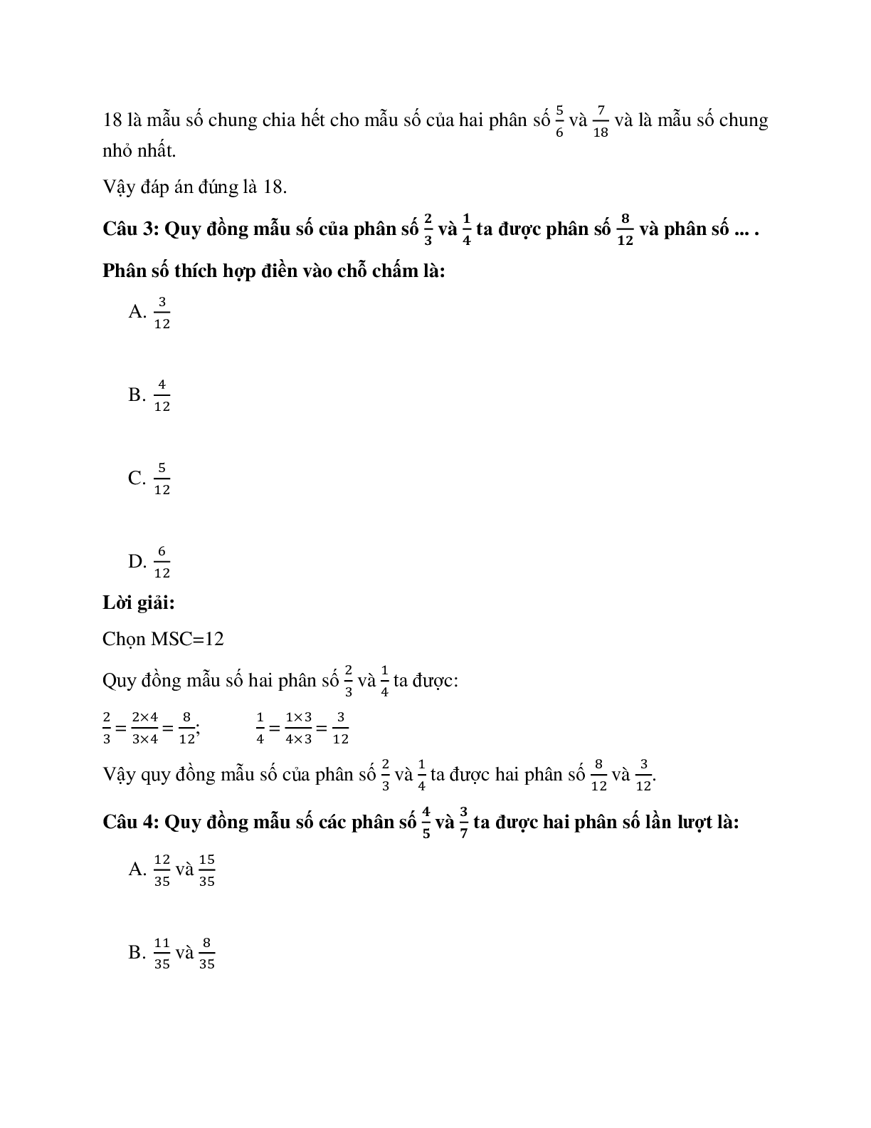 25 câu Trắc nghiệm Quy đồng mẫu số các phân số có đáp án 2023 – Toán lớp 4 (trang 2)