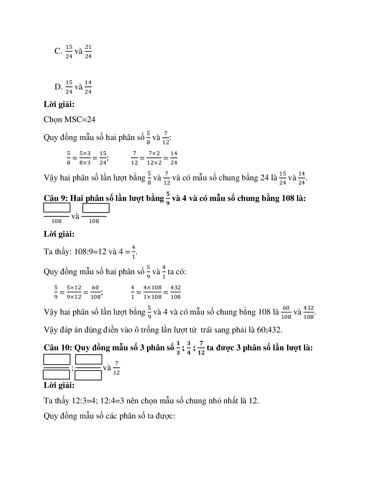 25 câu Trắc nghiệm Quy đồng mẫu số các phân số có đáp án 2023 – Toán lớp 4 (trang 5)