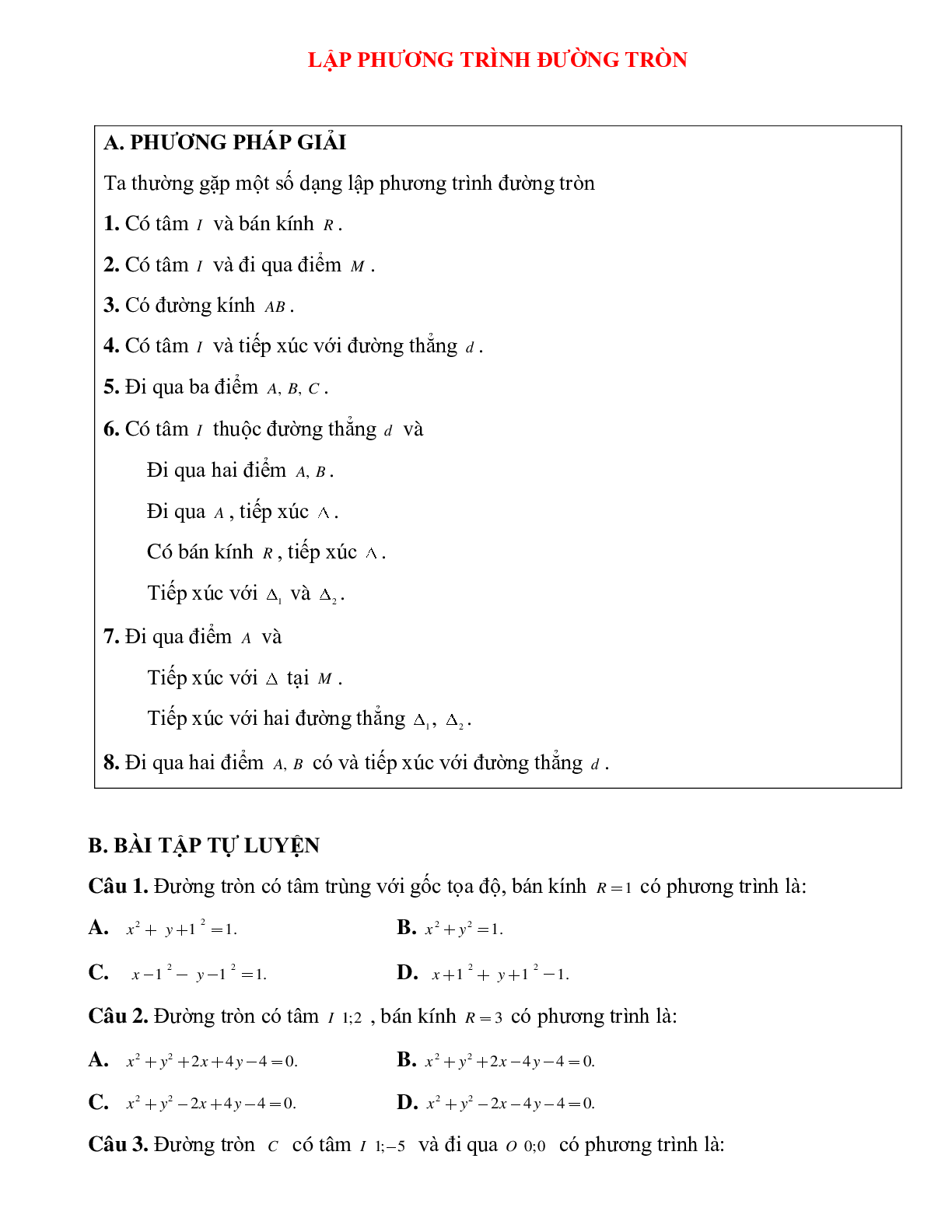 Bài tập tự luyện Lập phương trình đường tròn chọn lọc (trang 1)