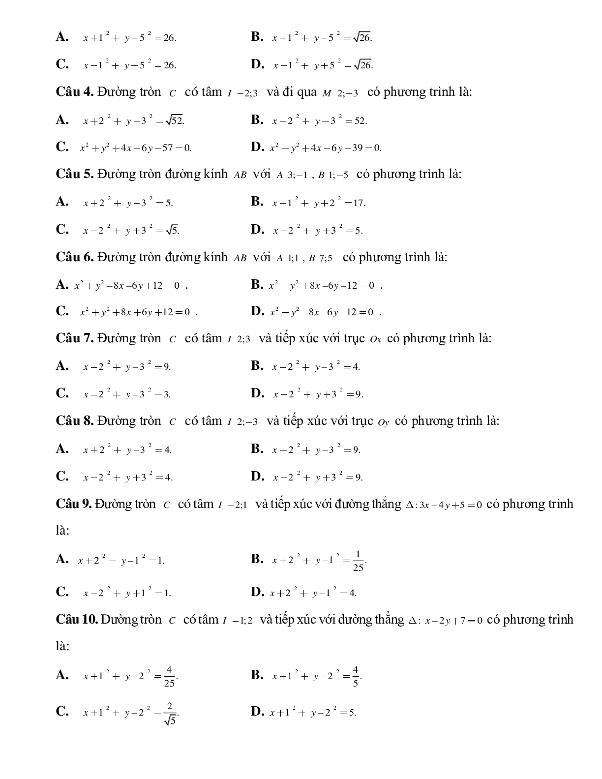 Bài tập tự luyện Lập phương trình đường tròn chọn lọc (trang 2)