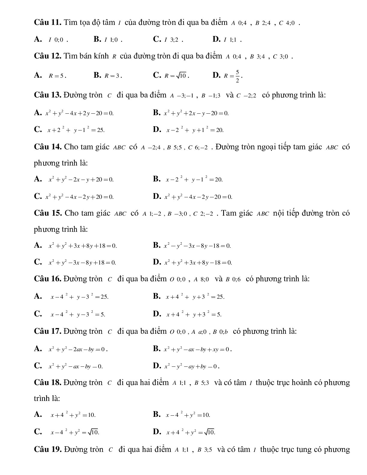 Bài tập tự luyện Lập phương trình đường tròn chọn lọc (trang 3)