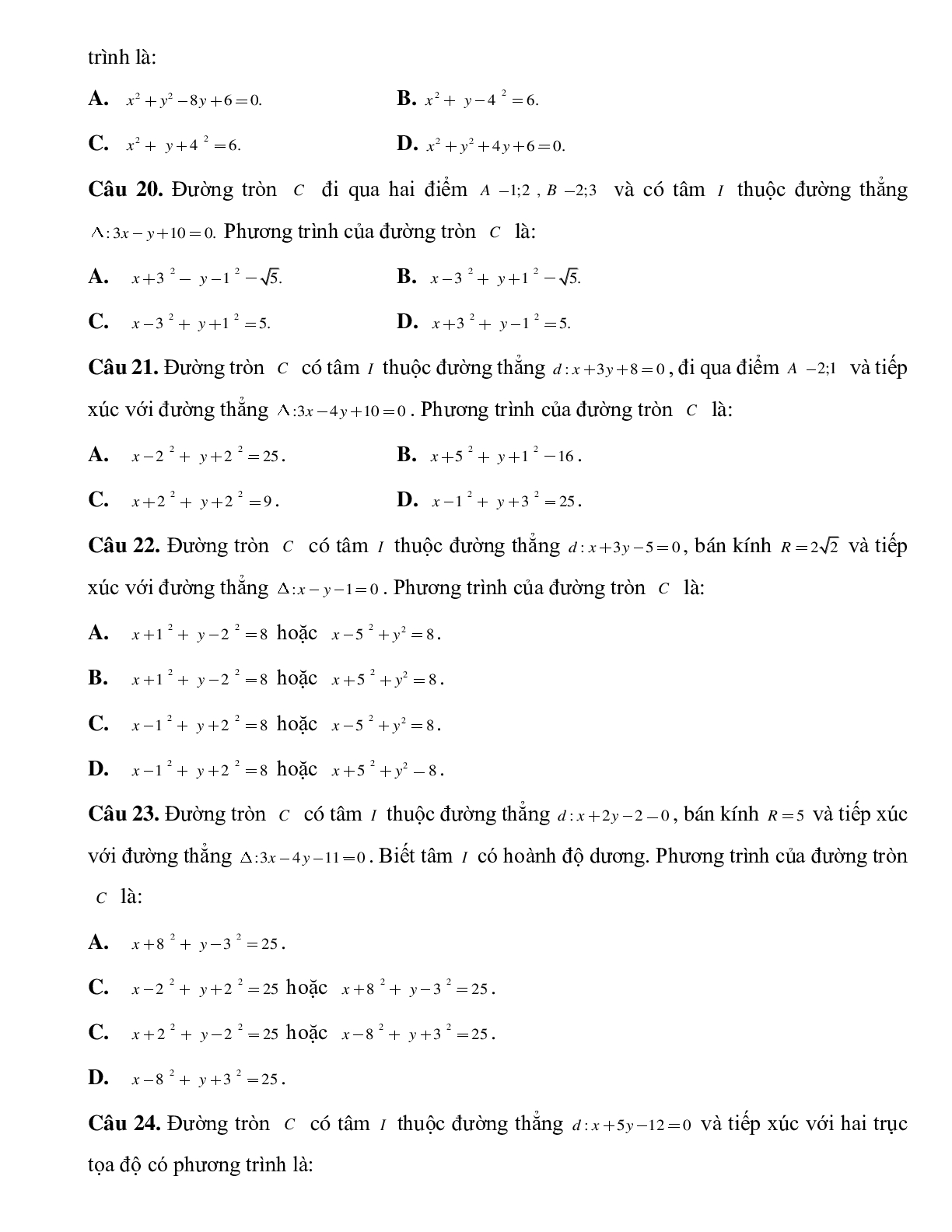 Bài tập tự luyện Lập phương trình đường tròn chọn lọc (trang 4)