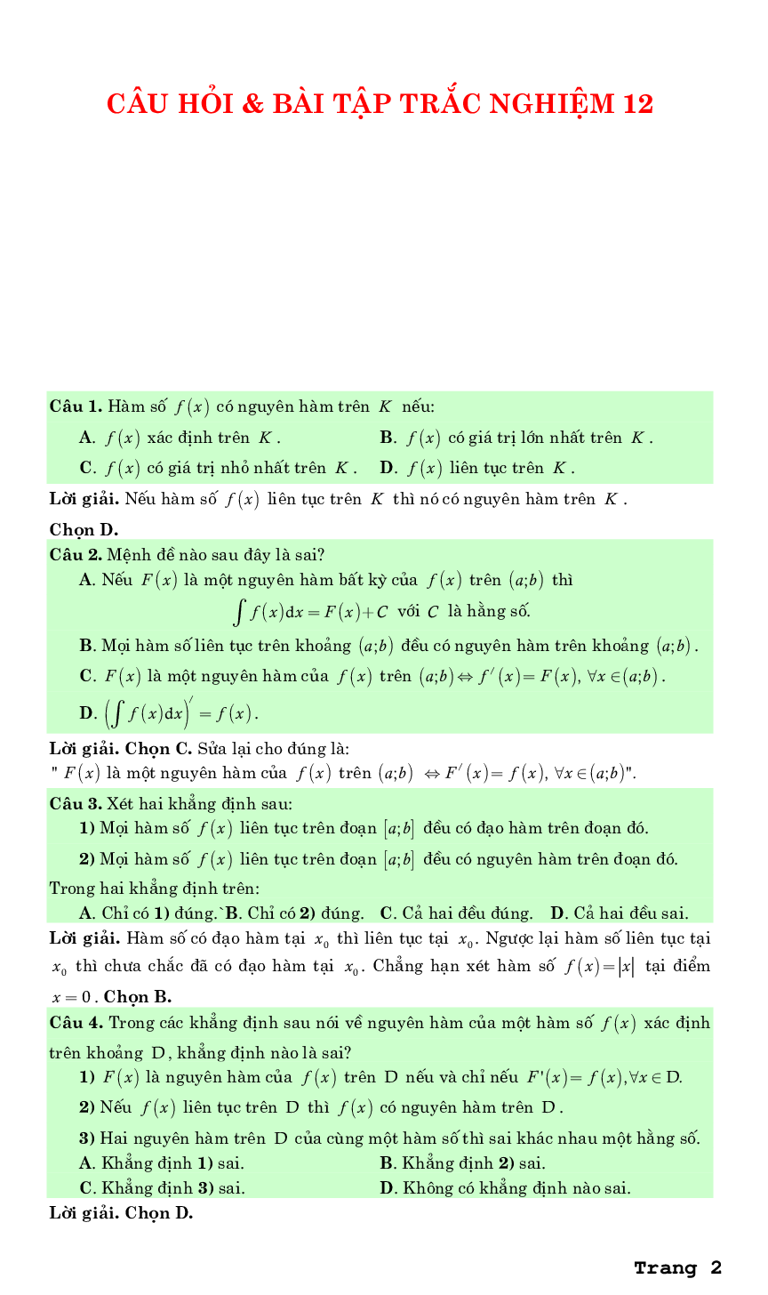 Bài tập trắc nghiệm nguyên hàm tích phân và ứng dụng - Huỳnh Đức Khánh (trang 2)