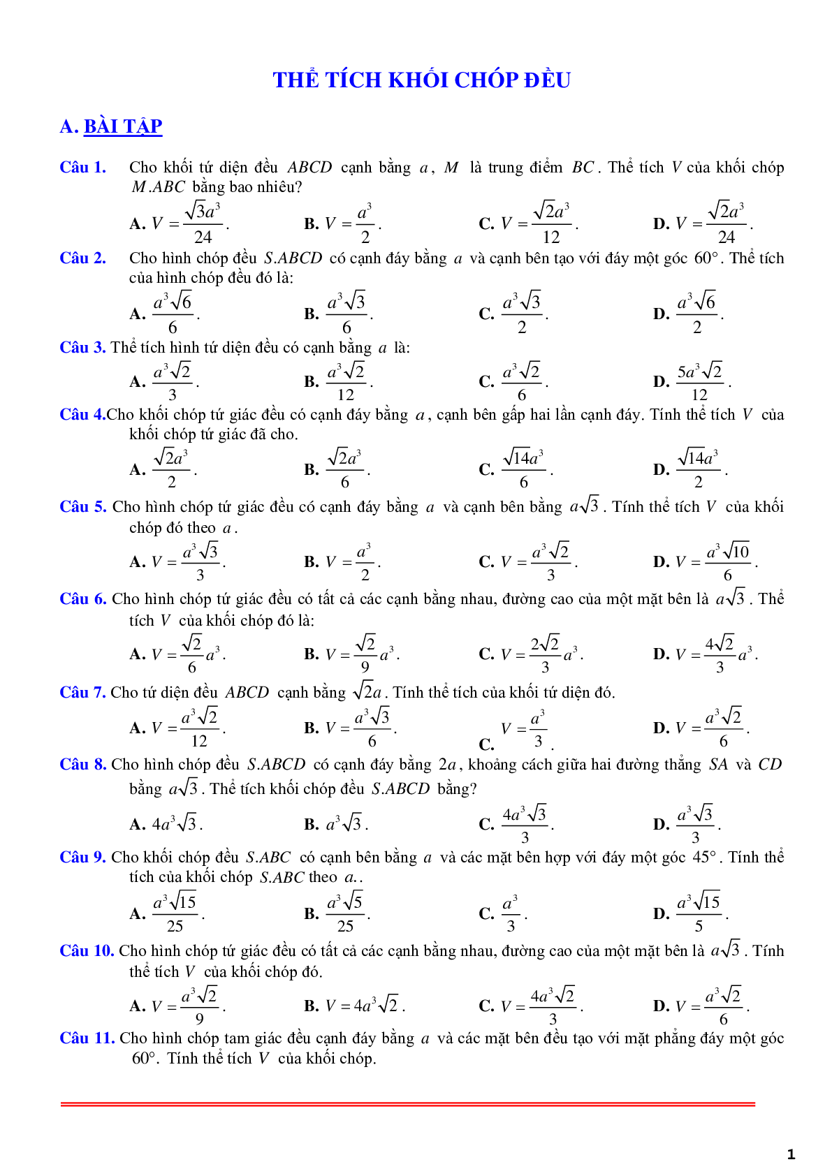 85 câu trắc nghiệm về thể tích khối chóp đều - có lời giải chi tiết (trang 1)