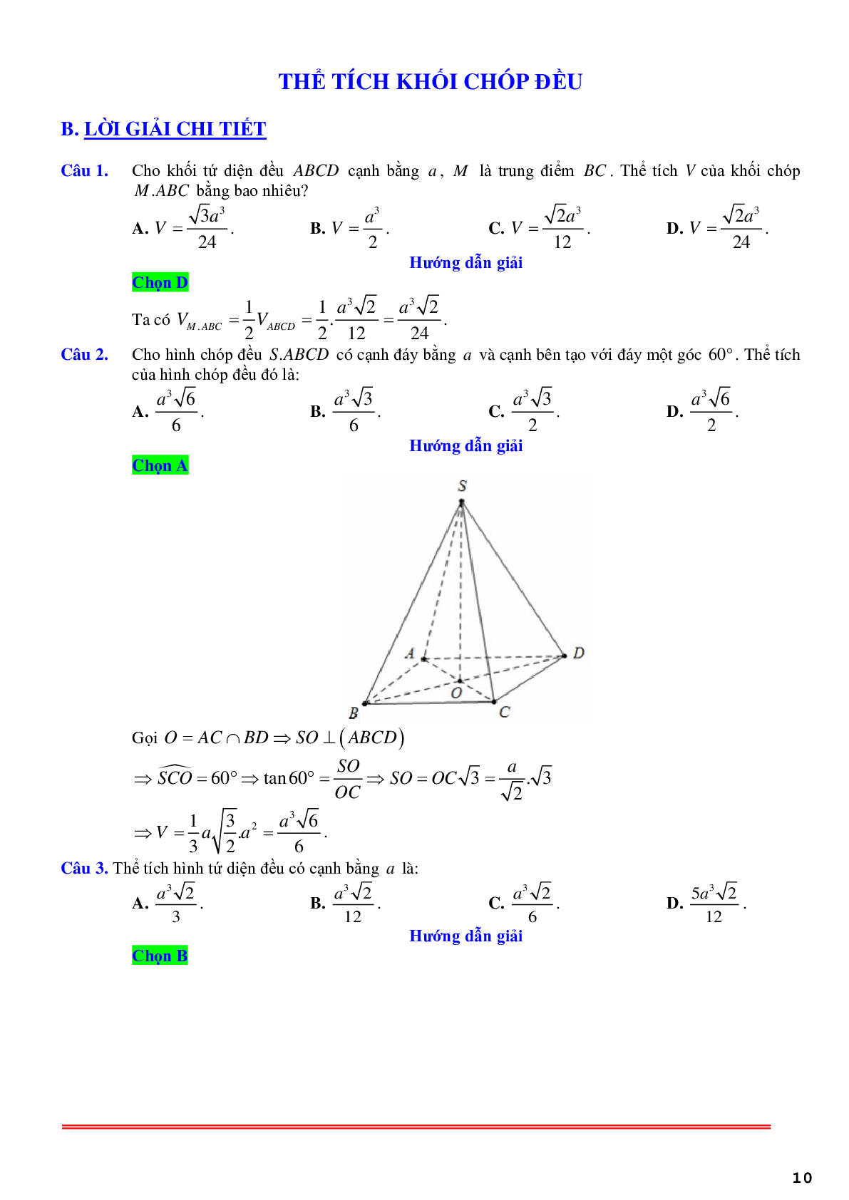 85 câu trắc nghiệm về thể tích khối chóp đều - có lời giải chi tiết (trang 10)